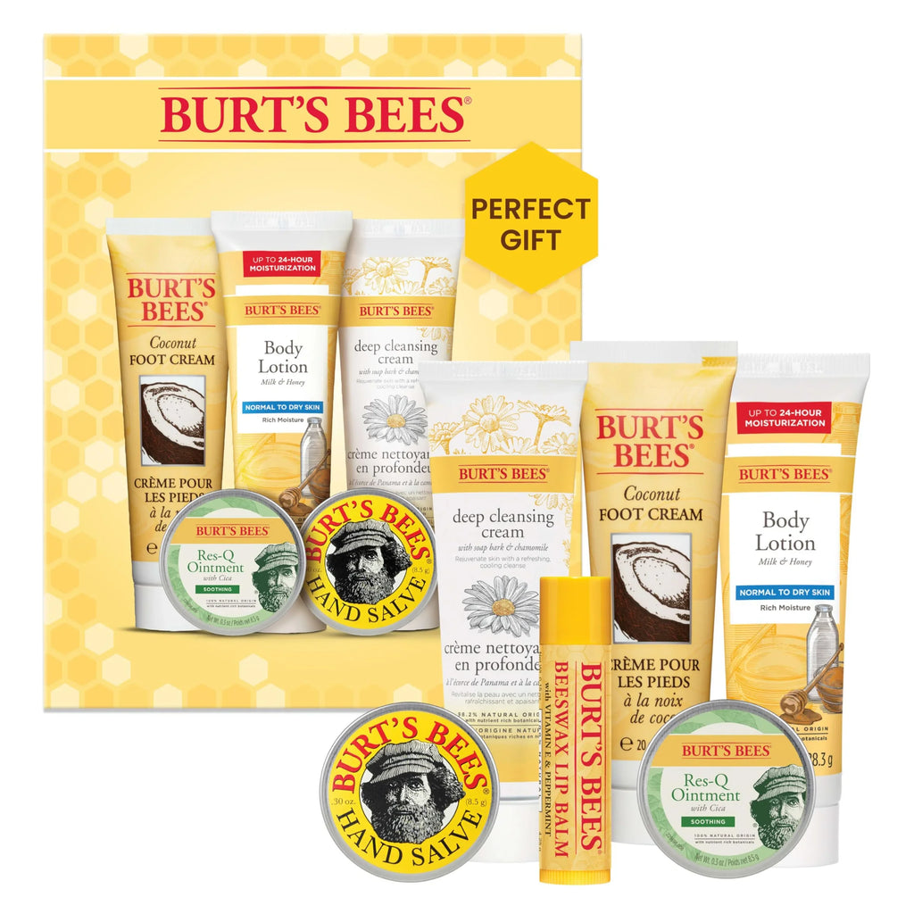 Burt's Bees Timeless Minis Kit with Coconut Foot Cream, Milk & Honey Body Lotion, Soap Bark & Chamomile Deep Cleansing Cream, Res-Q Ointment, Hand Salve and Beeswax Lip Balm - Exclusive Design