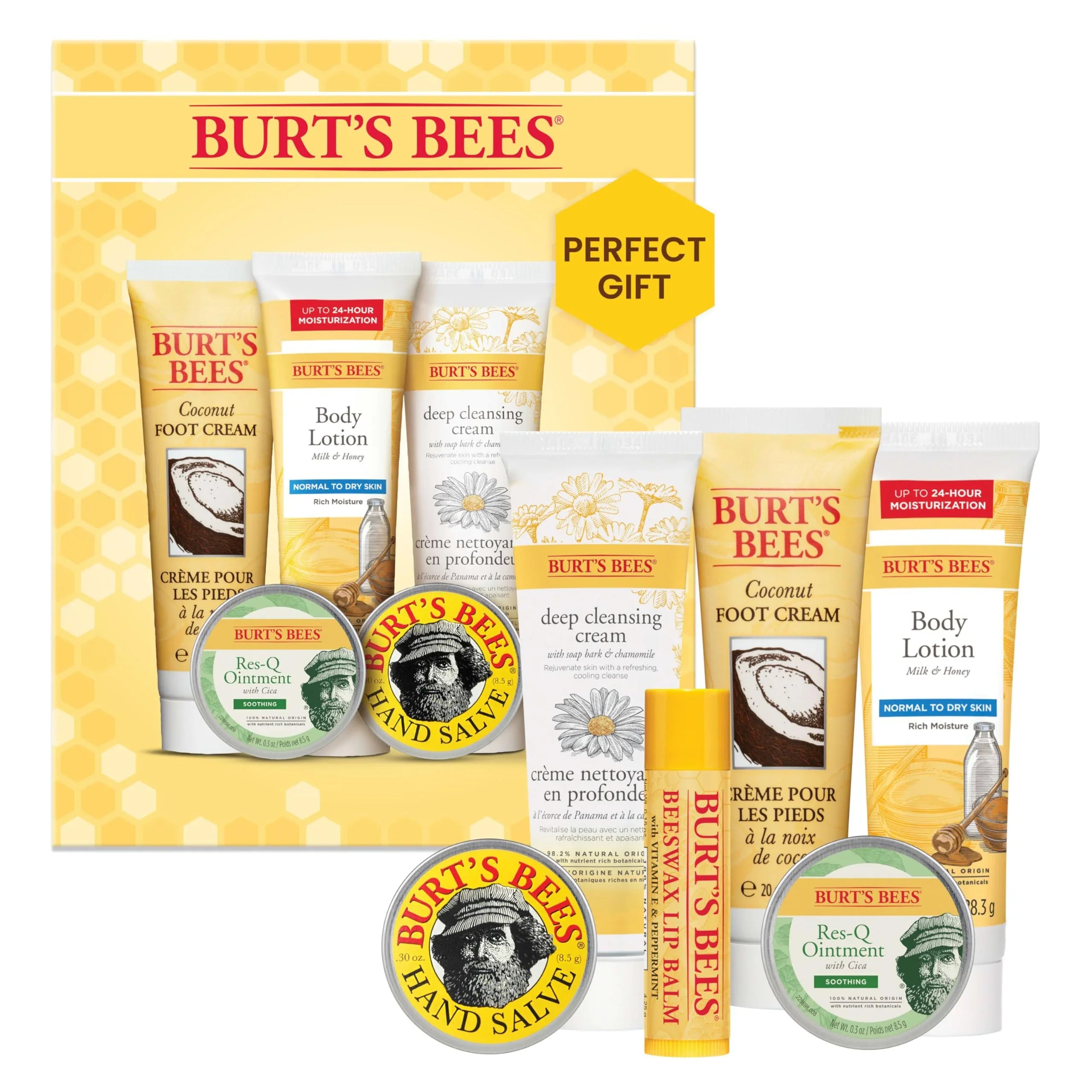 Burt's Bees Timeless Minis Kit with Coconut Foot Cream, Milk & Honey Body Lotion, Soap Bark & Chamomile Deep Cleansing Cream, Res-Q Ointment, Hand Salve and Beeswax Lip Balm - Exclusive Design