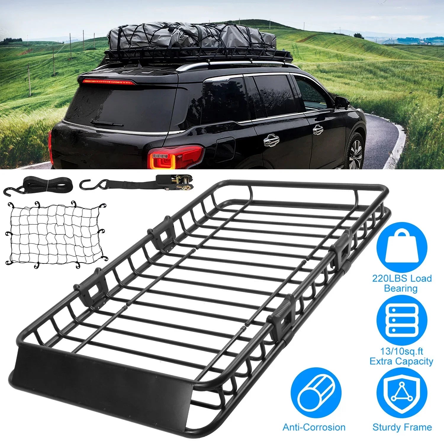 Stylish Universal Roof Rack Cargo Carrier, iMounTEK Extension Car Top Luggage Basket, 220 lb. Capacity Roof Rack Basket with Elastic Net and 10 Hooks, 63x39x6.3in, Black