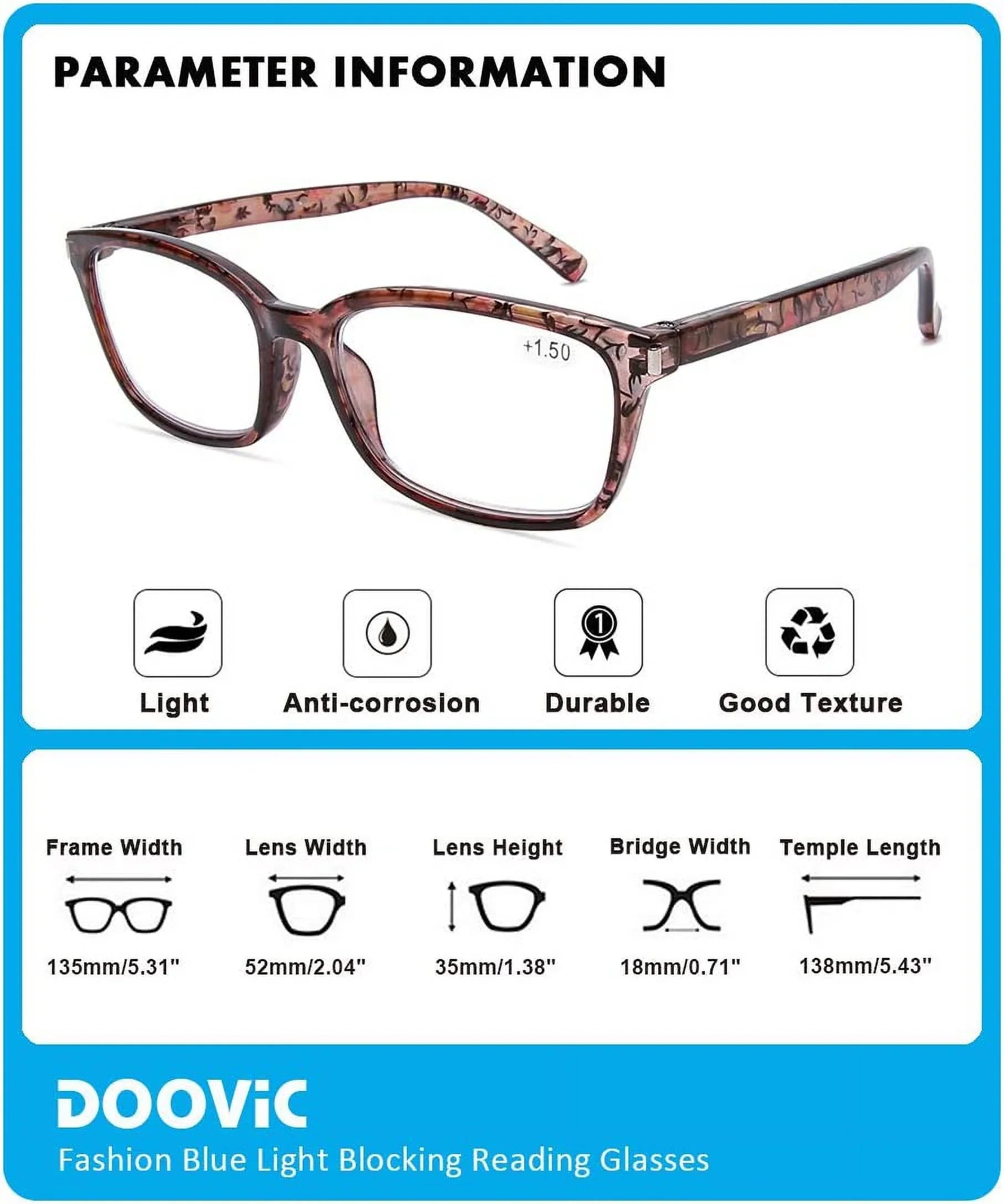 Stylish DOOViC 4 Pack Computer Reading Glasses Blue Light Blocking Anti Eyestrain Spring Hinge Stylish Readers for Women 1.50 Strength