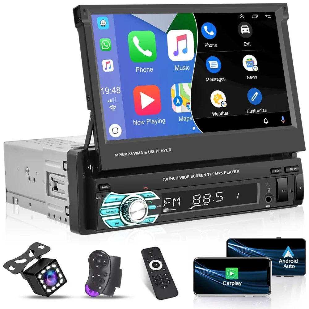 Podofo Universal Single 1 DIN 7" HD Touchscreen Retractable Car Stereo Radio Bluetooth Auto Apple Carplay Android Auto FM Video Player Mirror Link Function, with 12 LED Backup Camera