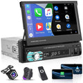 Podofo Universal Single 1 DIN 7" HD Touchscreen Retractable Car Stereo Radio Bluetooth Auto Apple Carplay Android Auto FM Video Player Mirror Link Function, with 12 LED Backup Camera