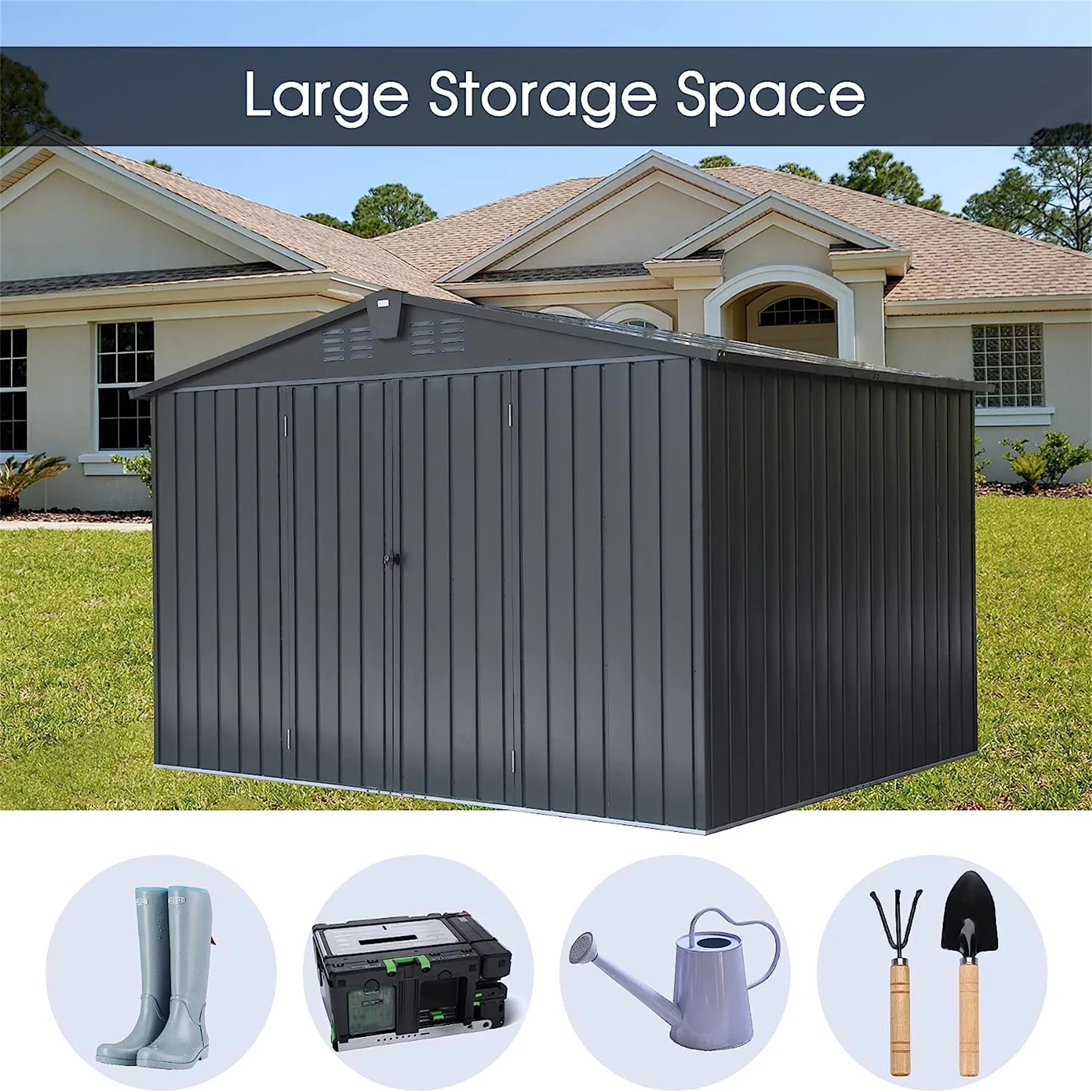 Stylish CoSoTower Outdoor Storage Shed 10'X 8', Metal Garden Shed for Bike, Trash Can, Tools, Galvanized Steel Outdoor Storage Cabinet with Lockable Door for Backyard, Patio, Lawn (10X8ft, Black)