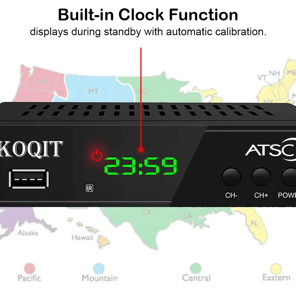 Stylish ATSC TV Tuner Digital Converter Box Recorders tv to USB, Multimedia Box, Digital Clock 12/24 Hours, OTA Analog to Digital, Coax to HDMI Set Top Box