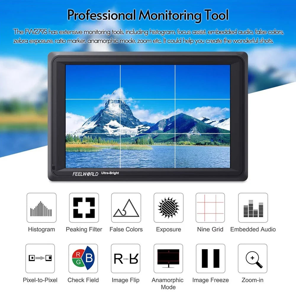 FEELWORLD FW279S 7 Inch 2200nit Ultra Bright Daylight Viewable Field Monitor Thin Design 3G-SDI 4K Input Output 1920*1200 IPS Panel for Outside / Viewable Even in Direct Sunlight - Exclusive Design