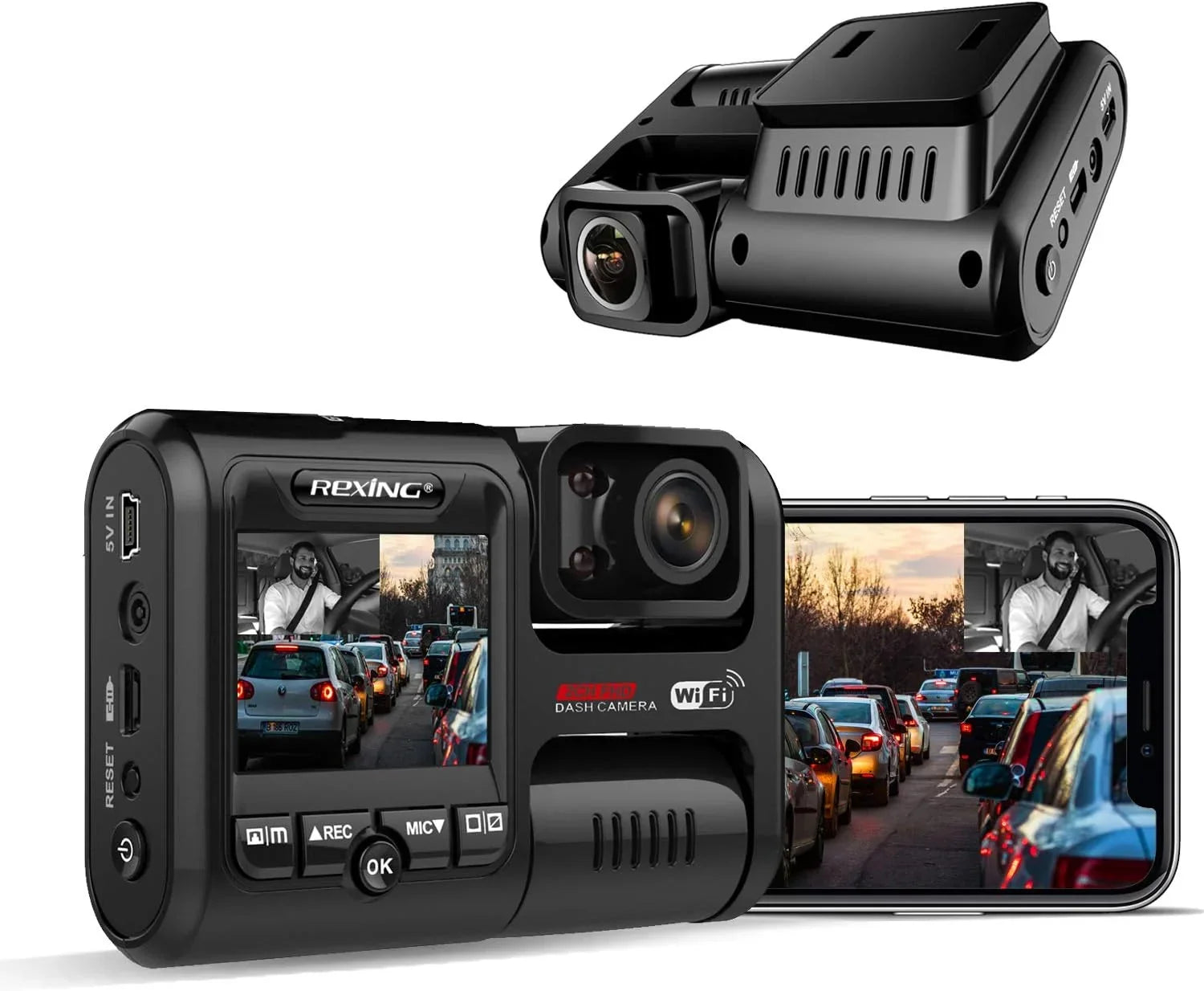 Open Box Rexing W202 Front and Inside Cabin 1080p Full HD Wi-Fi Dash Cam