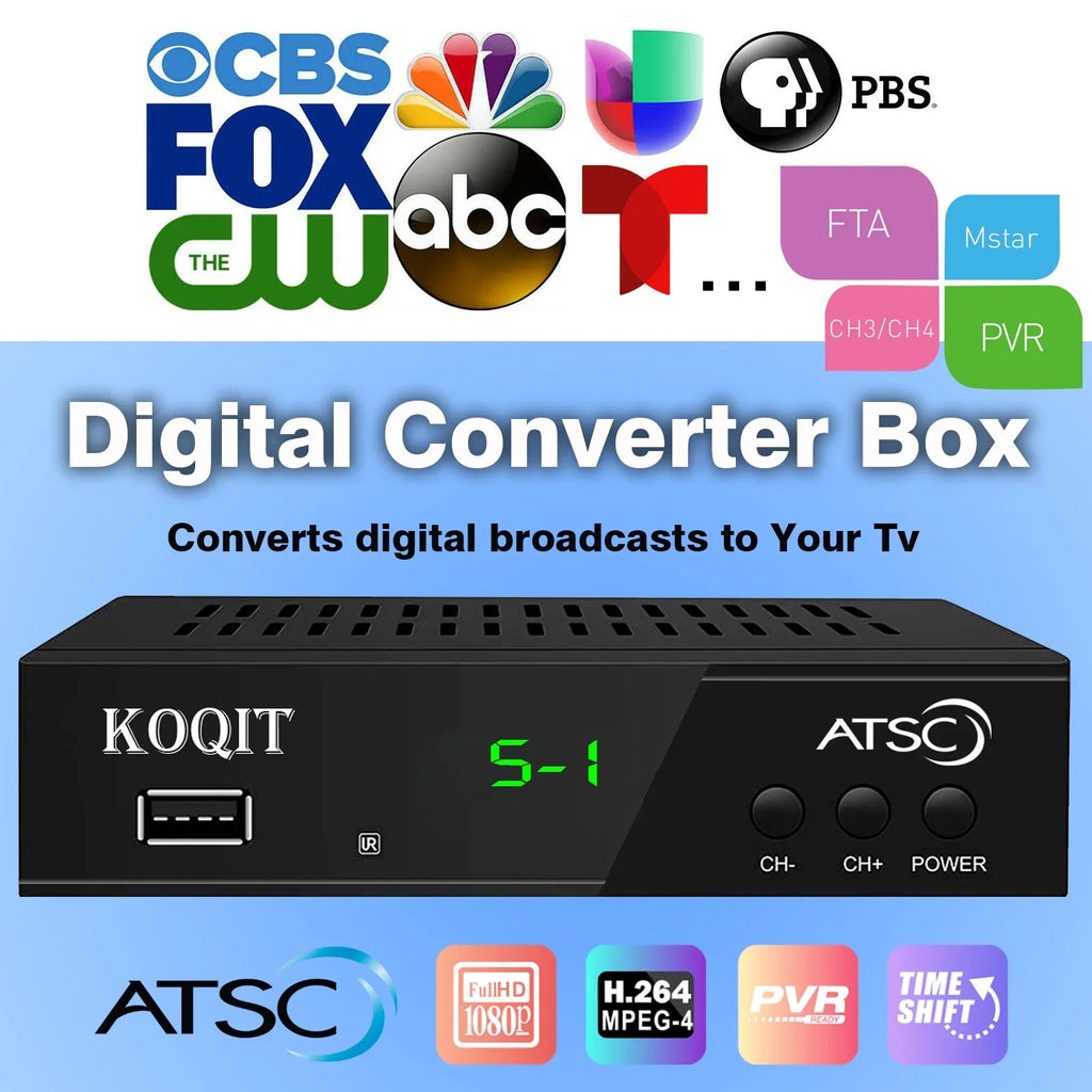 Stylish ATSC TV Tuner Digital Converter Box Recorders tv to USB, Multimedia Box, Digital Clock 12/24 Hours, OTA Analog to Digital, Coax to HDMI Set Top Box