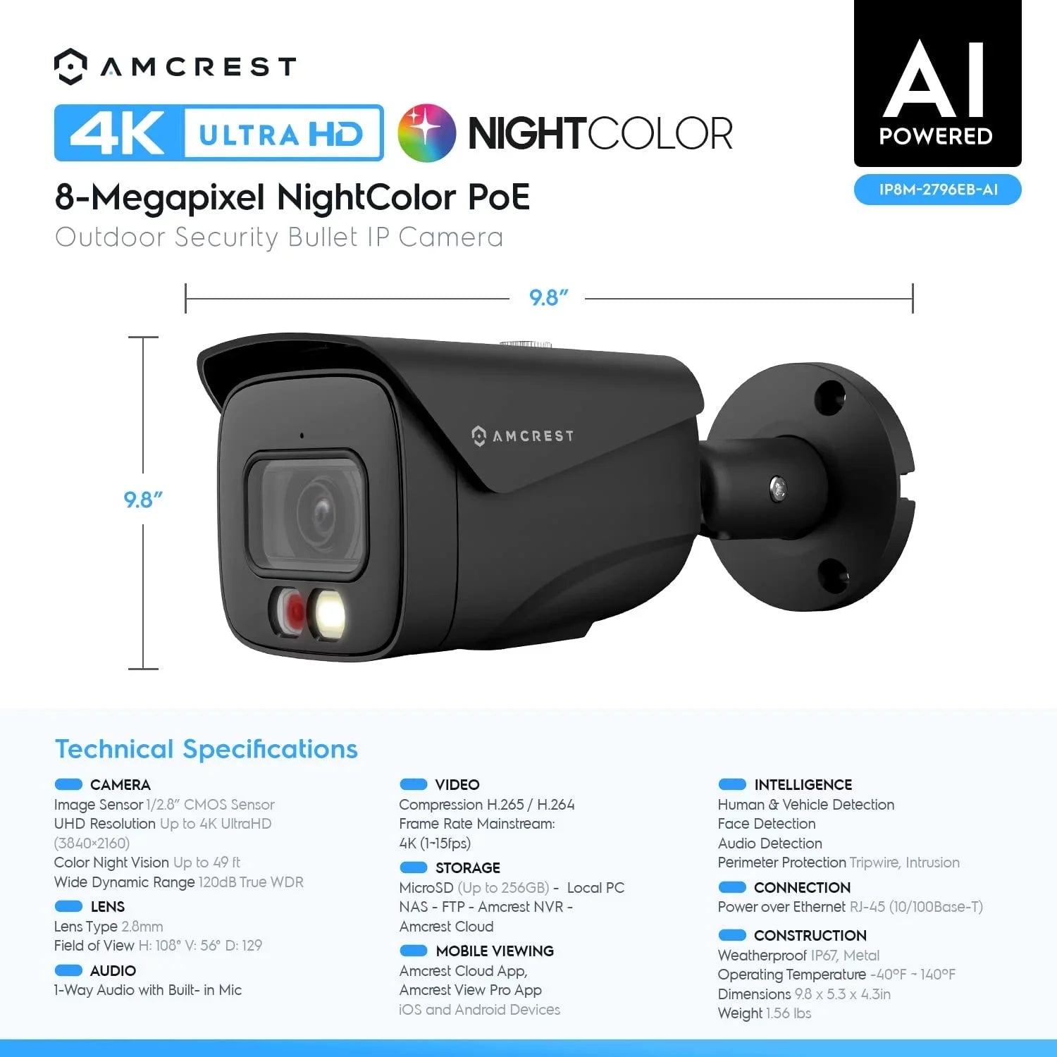 Amcrest 4K IP PoE AI Camera UltraHD 8MP Security Outdoor Camera, FOV 129Â°, 49ft Color Nightvision, Human & Vehicle Detection, IP67 Weatherproof, 4K (3840x2160) @15fps, Black, IP8M-2796EB-AI - Exclusive Design