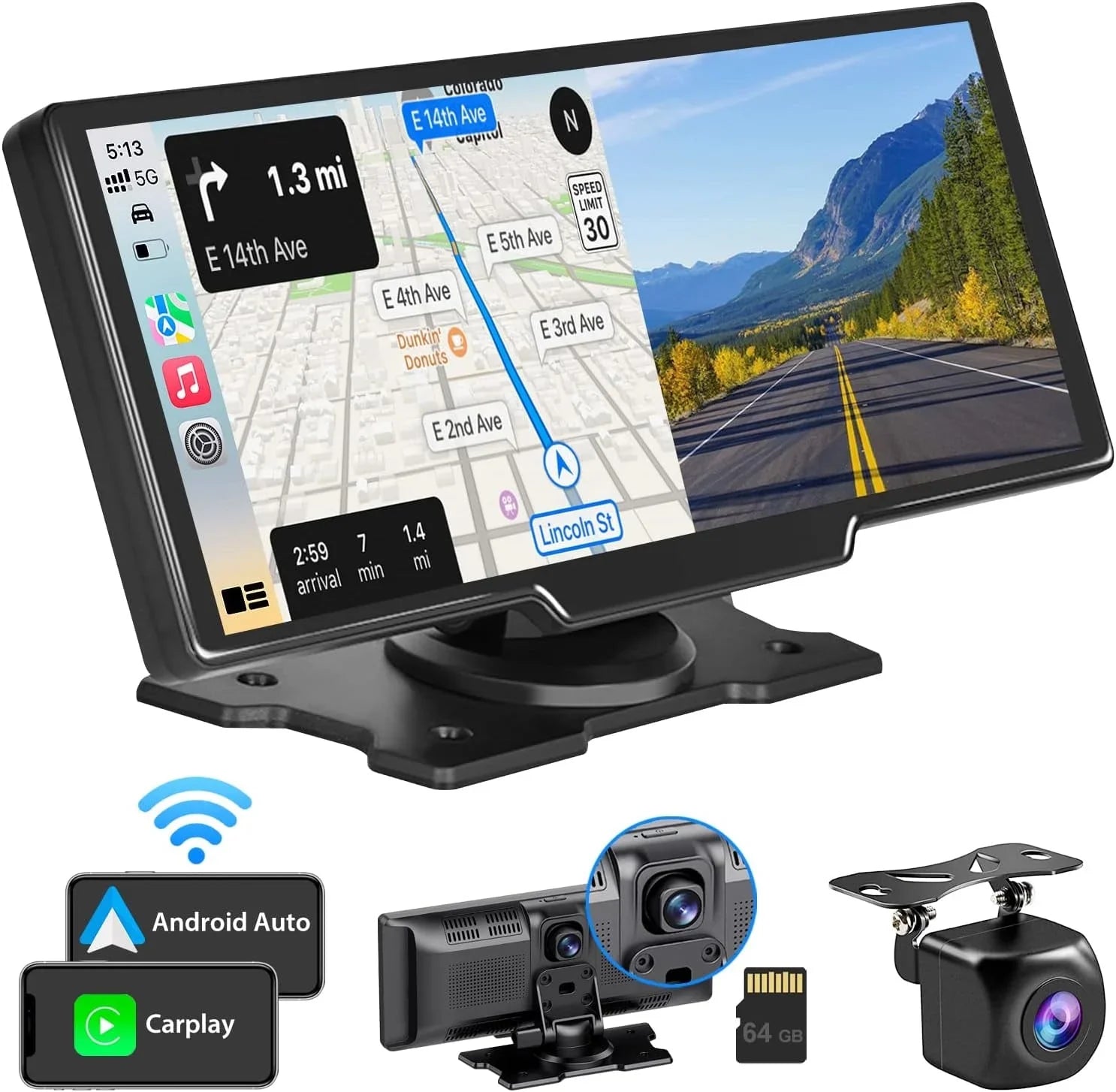 CAIHONG Portable Wireless Carplay Car Stereo with 2.5K Dash Cam - 9" HD IPS Screen, Android Auto, 1080p Backup Camera, Loop Recording, Bluetooth, GPS Navigation Head Unit, Car Radio Receiver