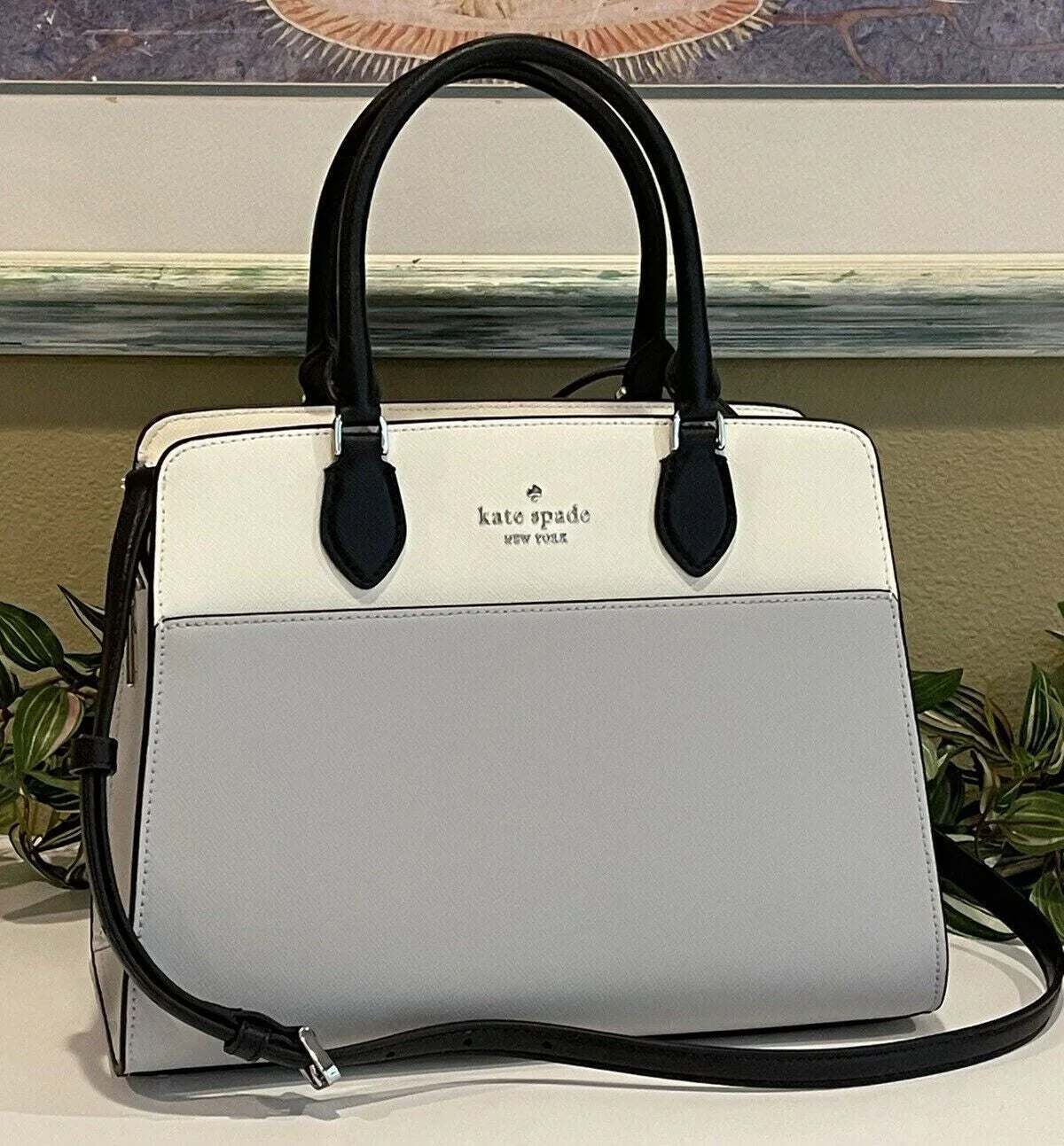 Stylish Kate Spade Madison Medium Platinum Grey Colorblock Leather Satchel Bag Purse KC621