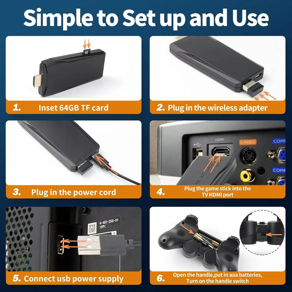 Stylish Game Stick 64G, 25,000+ Retro Games, Compatible with 12 Emulator Console, Wireless Retro Game Console Support 4K HD Output, Plug and Play Video Games for TV, 2.4G Wireless Controllers