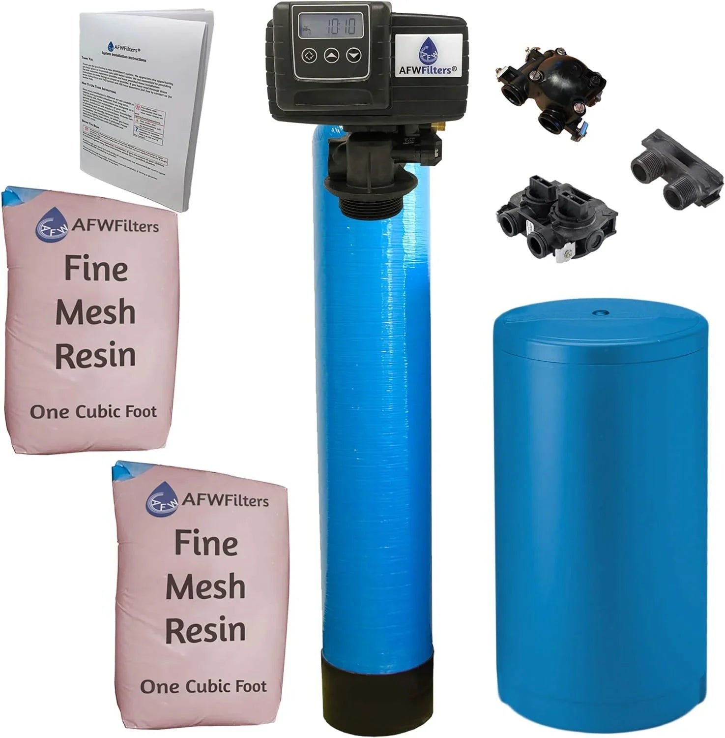 Stylish AFWFilters 2 cubic Foot 64k Whole Home Iron Pro Water Softener with Fine Mesh Resin, 1" Plastic MNPT Connection, and Blue Tanks