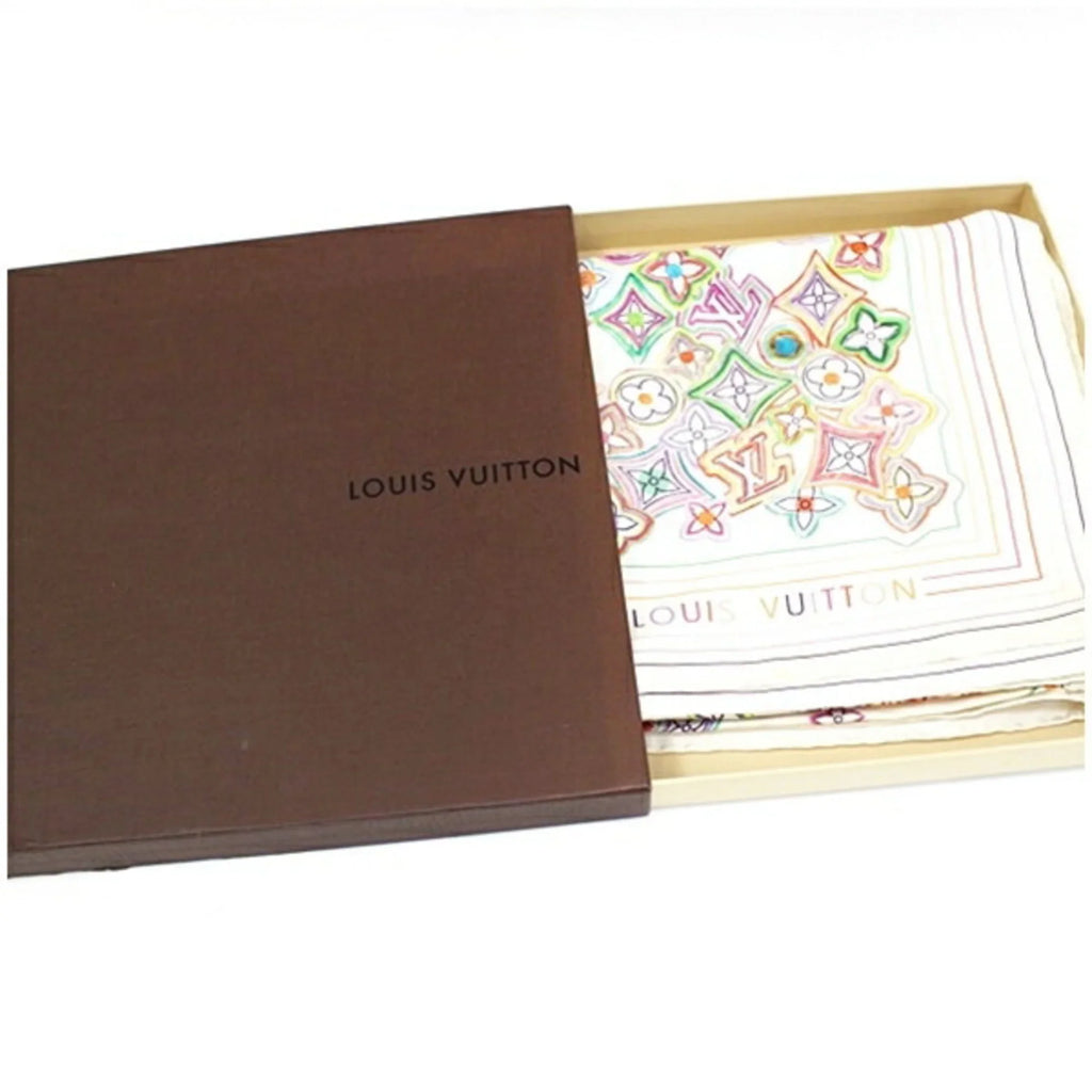 Pre-Owned Louis Vuitton Silk Scarf Muffler Monogram White x Multicolor Women's (Good)