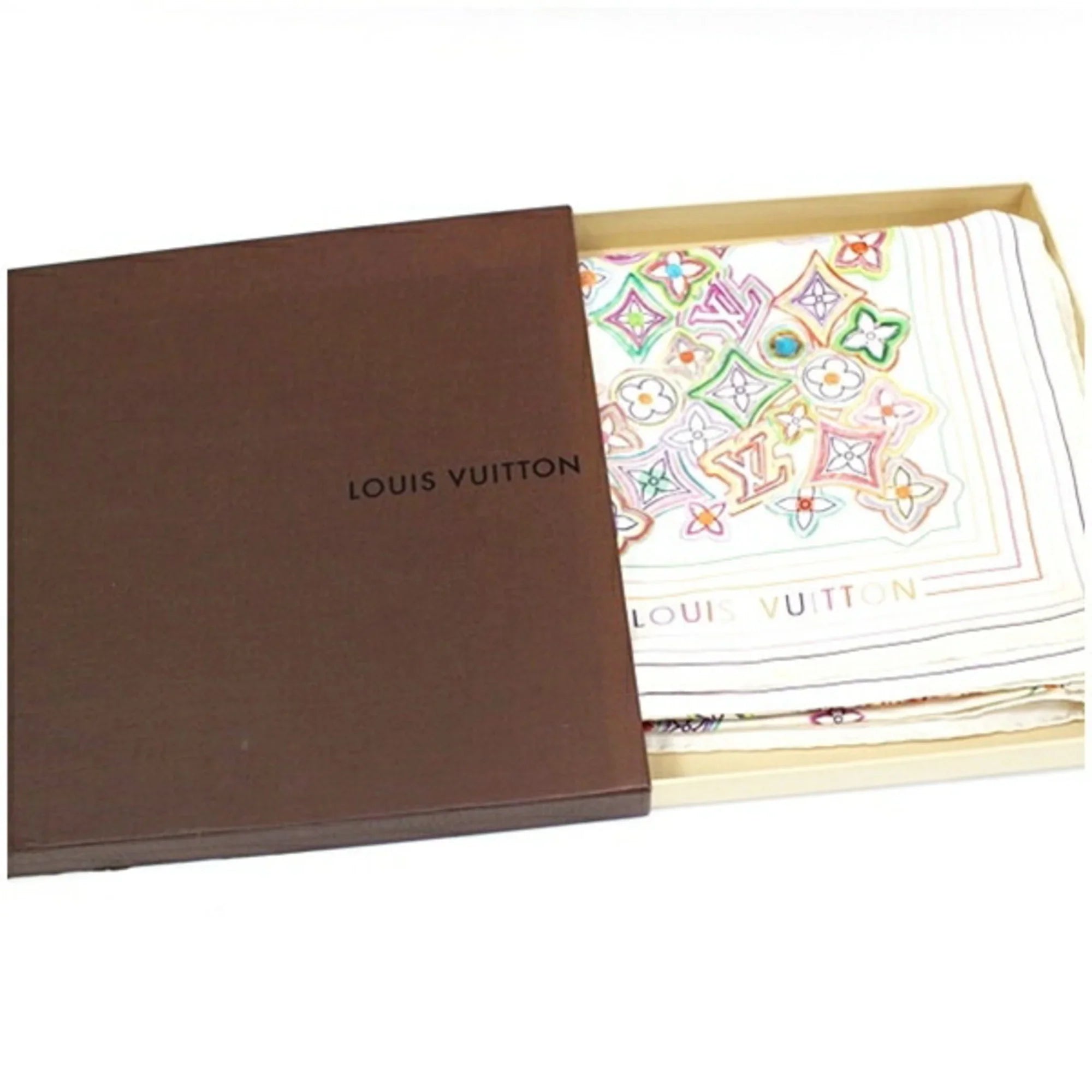 Pre-Owned Louis Vuitton Silk Scarf Muffler Monogram White x Multicolor Women's (Good)