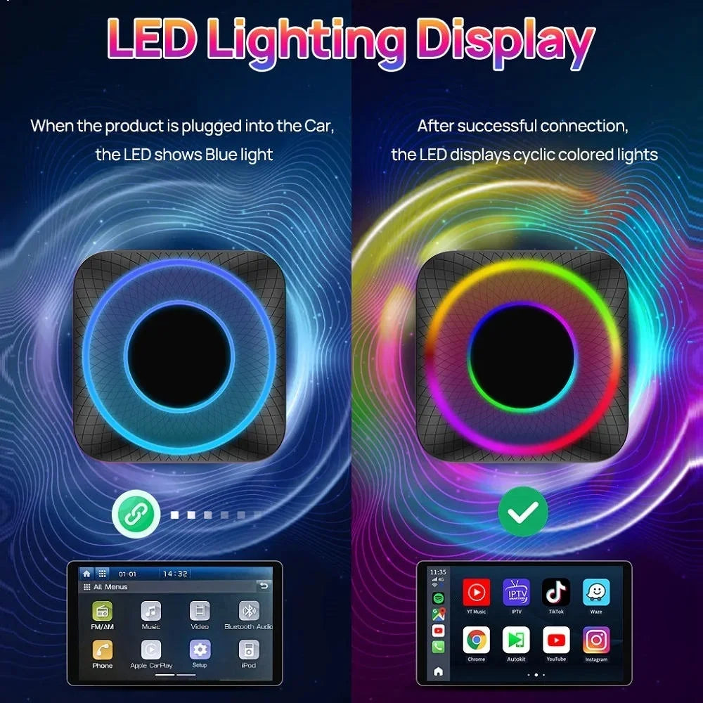 Stylish Carlinkit Ai Box Android 13 Led Wireless Android Auto & Apple CarPlay Smart Tv Box QCM6225 For Youtube Netflix Car Accessories