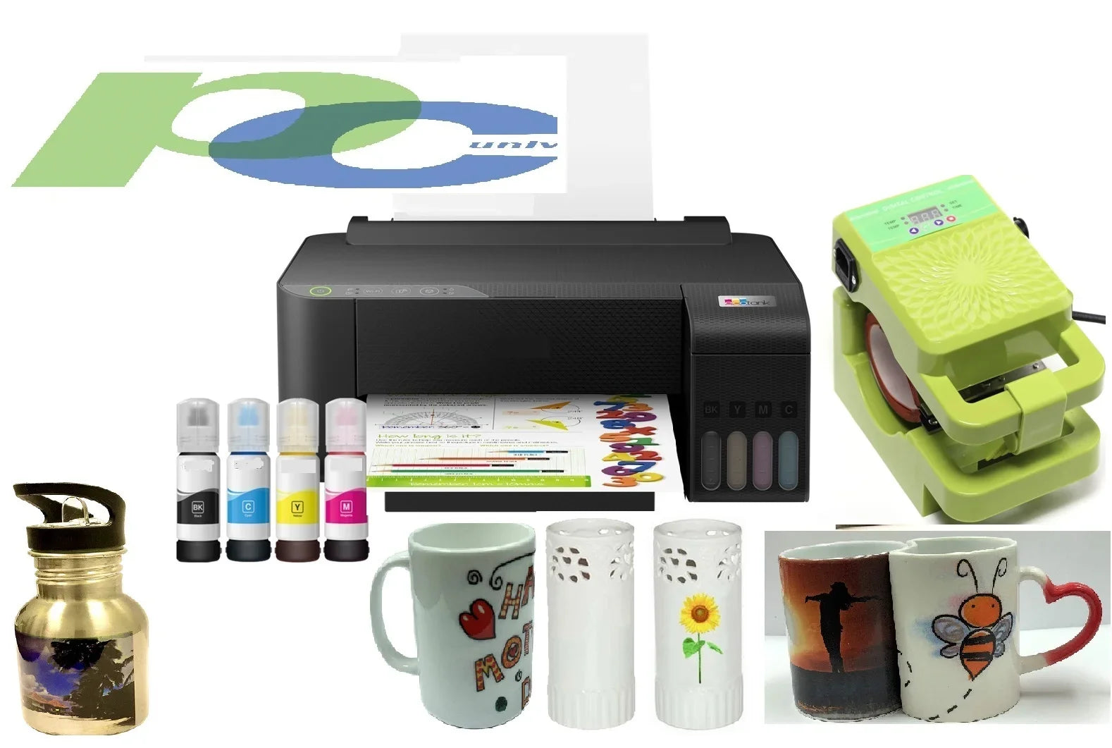 PC Universal Sublimation Bundle with Printer, Heat Press Machine & Assorted Mugs---includes transfer paper,heat tape etc.everything