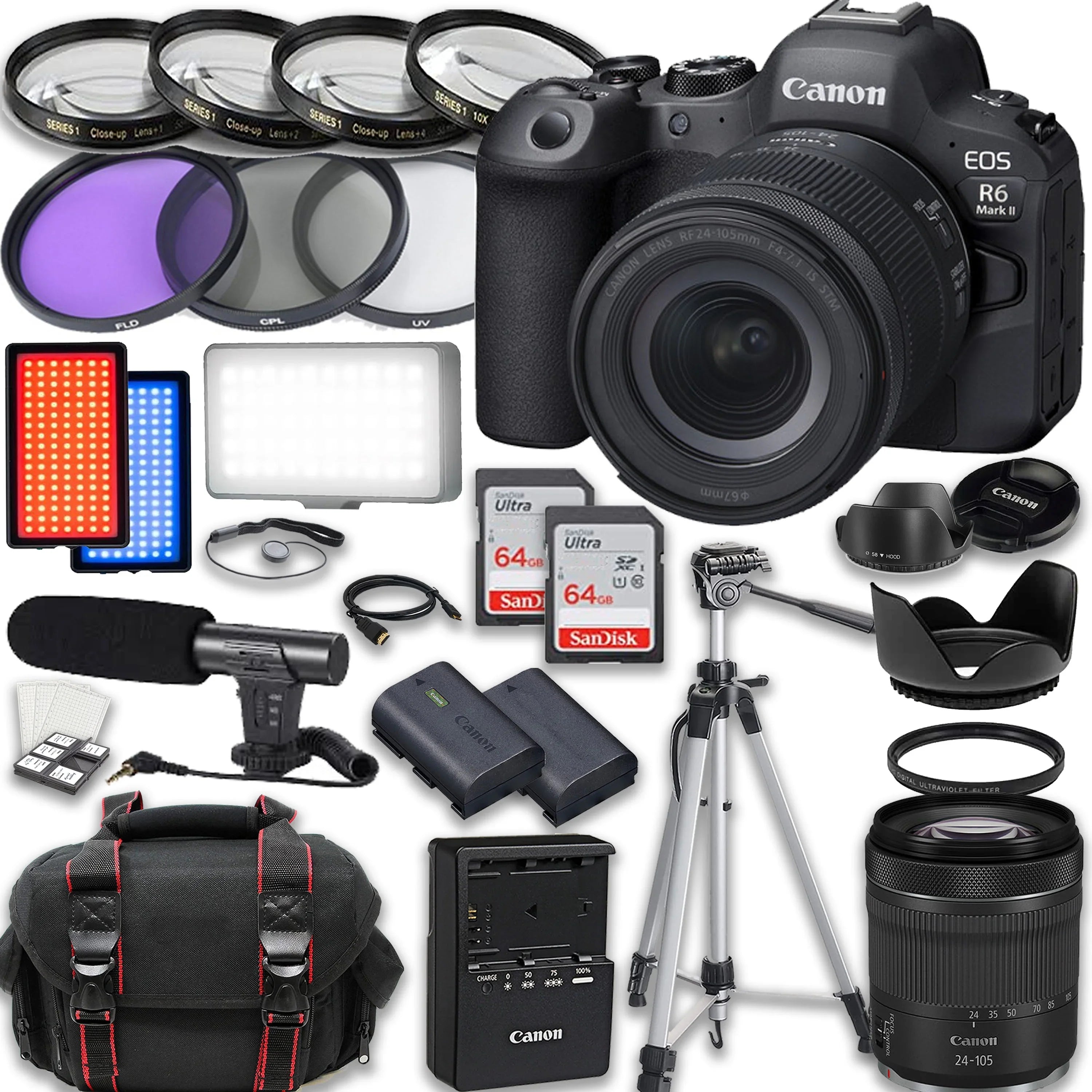 Canon EOS R6 Mark II Mirrorless Camera with RF 24-105mm f/4-7.1 IS STM Lens, Accessories including: 2X 64GB Memory Cards, LED Video Light, Microphone, Extra Battery, Case & More - Exclusive Design