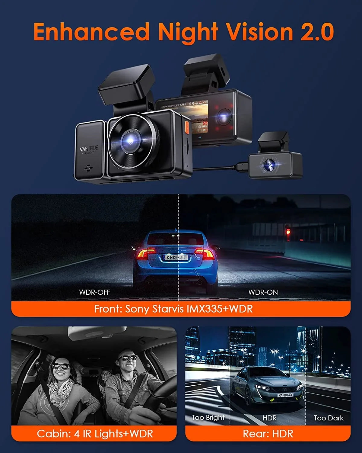 Vantrue E3 2.5K 3 Channel WiFi Dash Cam 1944P+1080P+1080P Front and Rear Inside 3 Way GPS Dash Camera for Car Voice Control IR Night Vision 24 Hrs Parking Mode Motion Detection - Exclusive Design