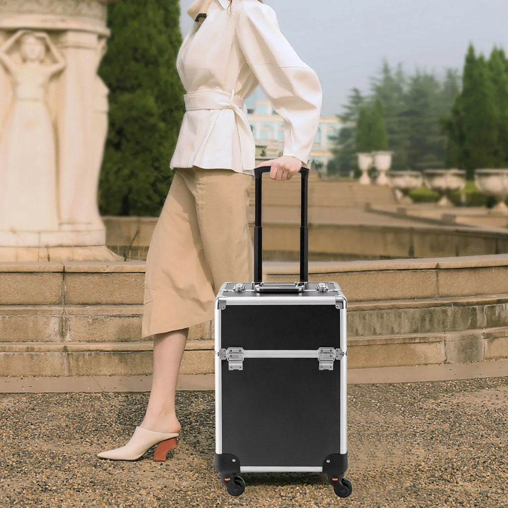 Stylish Rolling Lockable Makeup Train Case Hairdresser Trolley, Stylist Beauty Nail Salon Barber Case Cosmetic Luggage Travel Trunk Cart Organizer Tool Box with Swivel Wheels (Black)