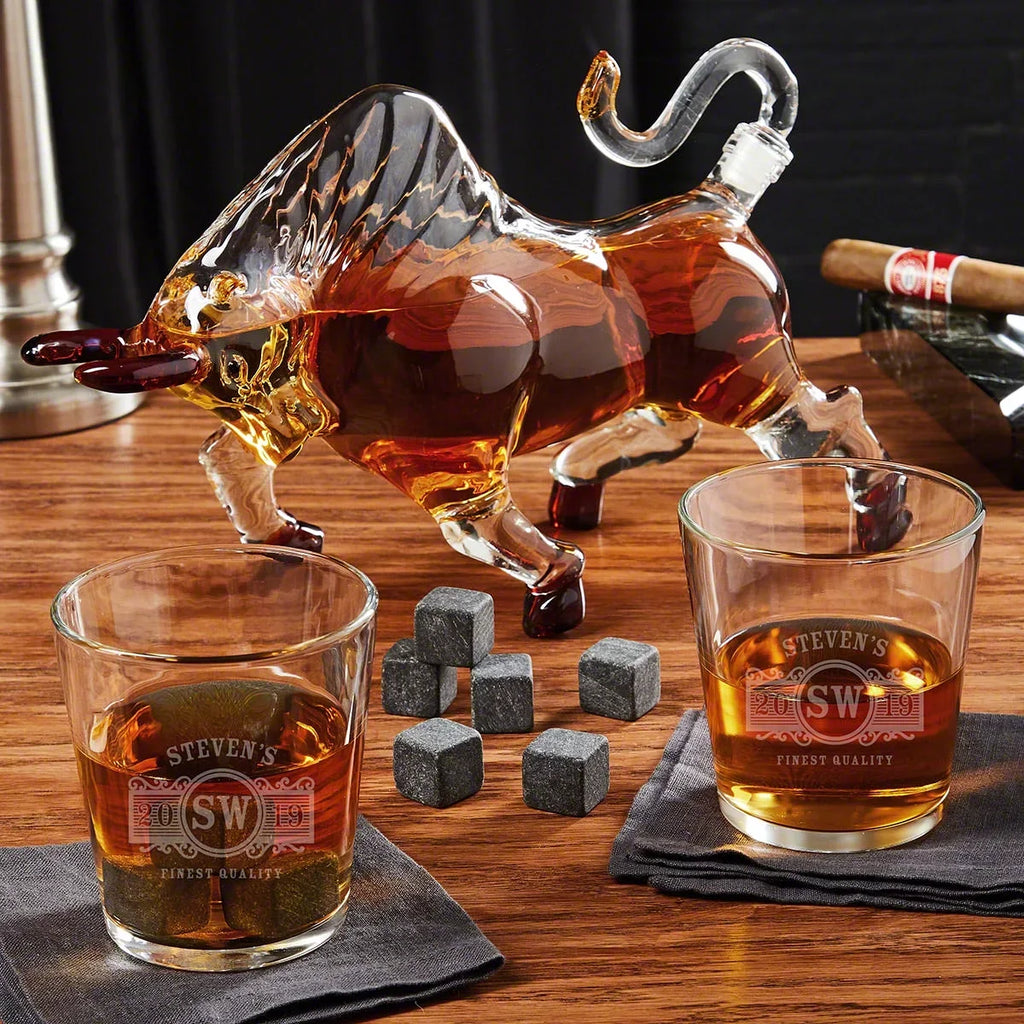 Marquee El Matador Bull Crystal Decanter Set with Custom on the Rocks Glasses - Exclusive Design