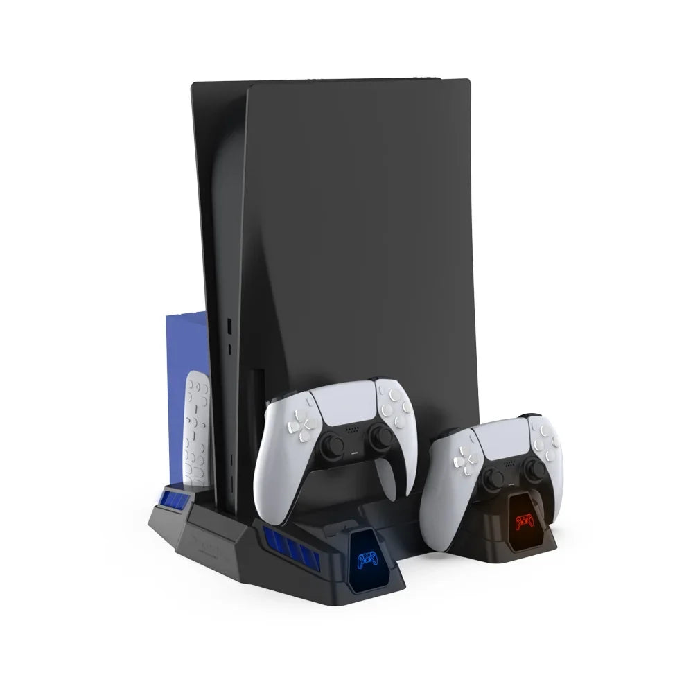 Stylish PS5 Cooling Stand Base with Charging, Disc Storage, and Multi-Functional Fan - Enhanced Cooling and Charging Dock for PlayStation 5 Digital and Disc Versions Console-Black