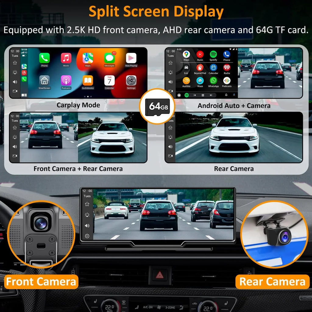CAIHONG Portable Wireless Carplay Car Stereo with 2.5K Dash Cam - 9" HD IPS Screen, Android Auto, 1080p Backup Camera, Loop Recording, Bluetooth, GPS Navigation Head Unit, Car Radio Receiver