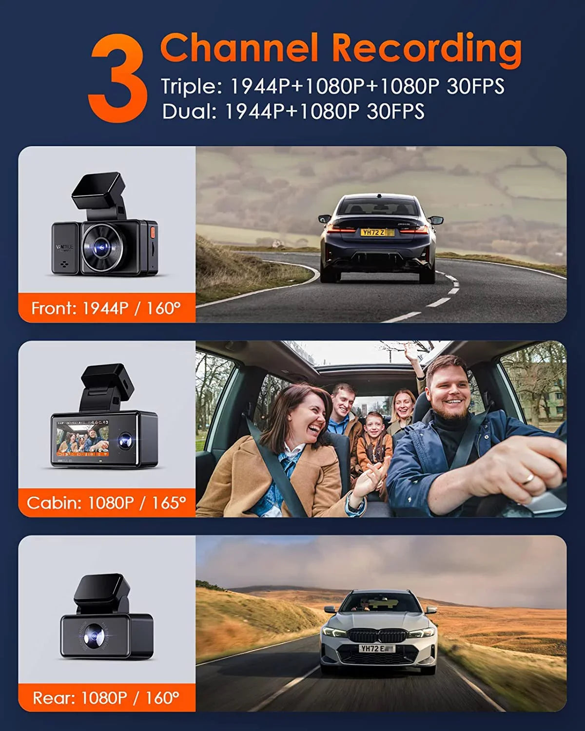 Vantrue E3 2.5K 3 Channel WiFi Dash Cam 1944P+1080P+1080P Front and Rear Inside 3 Way GPS Dash Camera for Car Voice Control IR Night Vision 24 Hrs Parking Mode Motion Detection - Exclusive Design