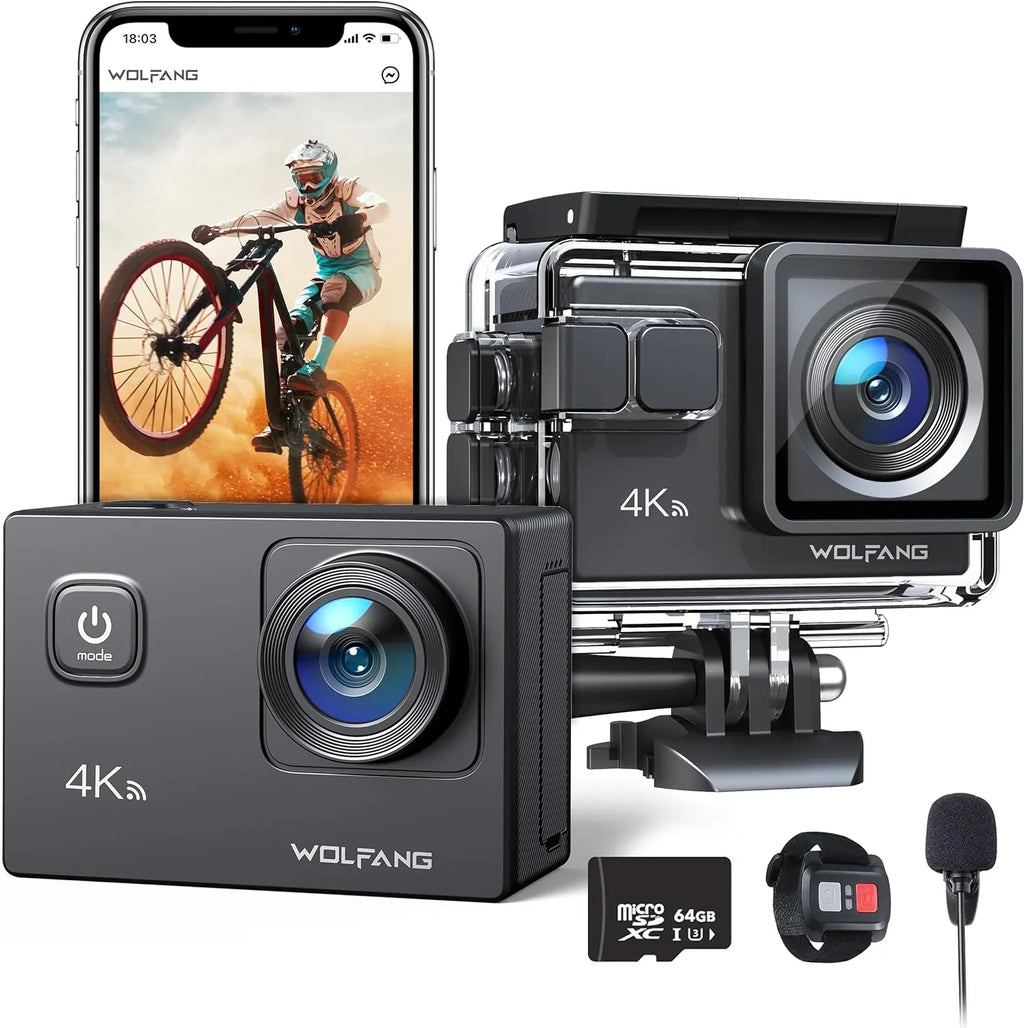 WOLFANG Action Camera 4K 20MP Action Cam Waterproof 40M Underwater Camera EIS Stabilization WiFi Video Camera 170ï¿½