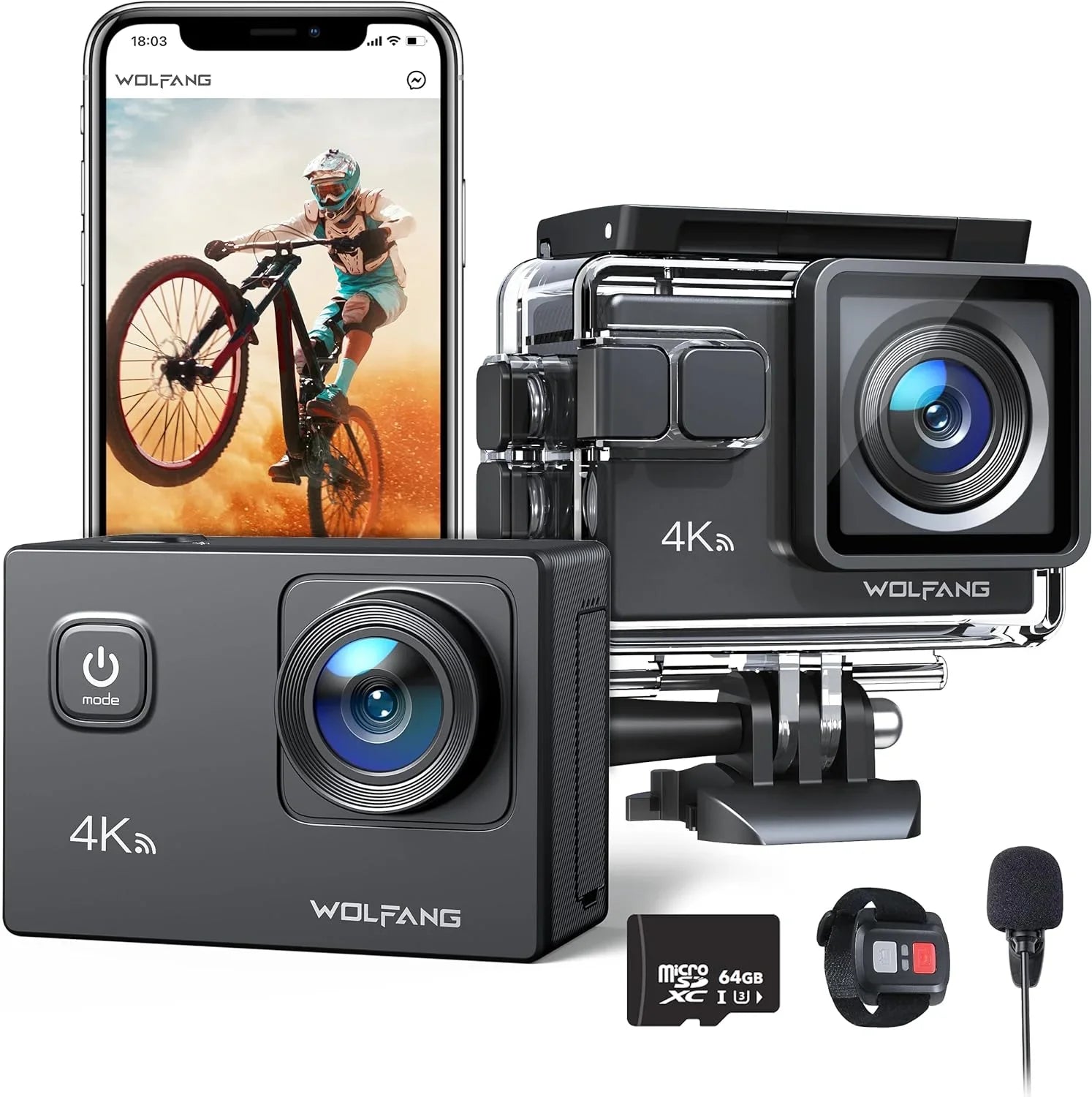 WOLFANG Action Camera 4K 20MP Action Cam Waterproof 40M Underwater Camera EIS Stabilization WiFi Video Camera 170ï¿½