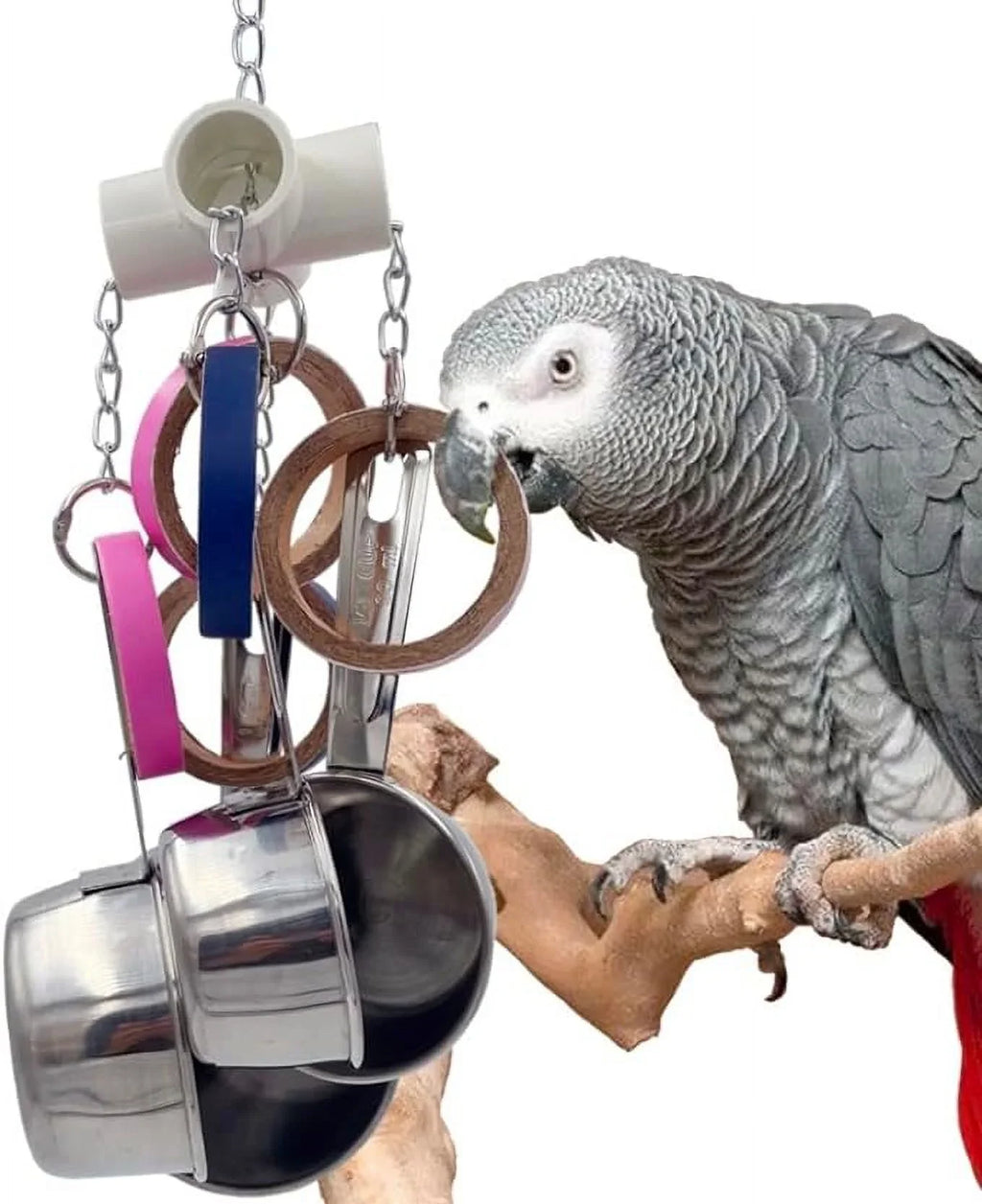 Stylish GILYGI Durable Bird Parrots Pots and Bagel Toys, Pullable Stainless Steel Cup and Cardboard Ring Toys for Amazons Mini Macaws African Greys Cockatoos Eclectus
