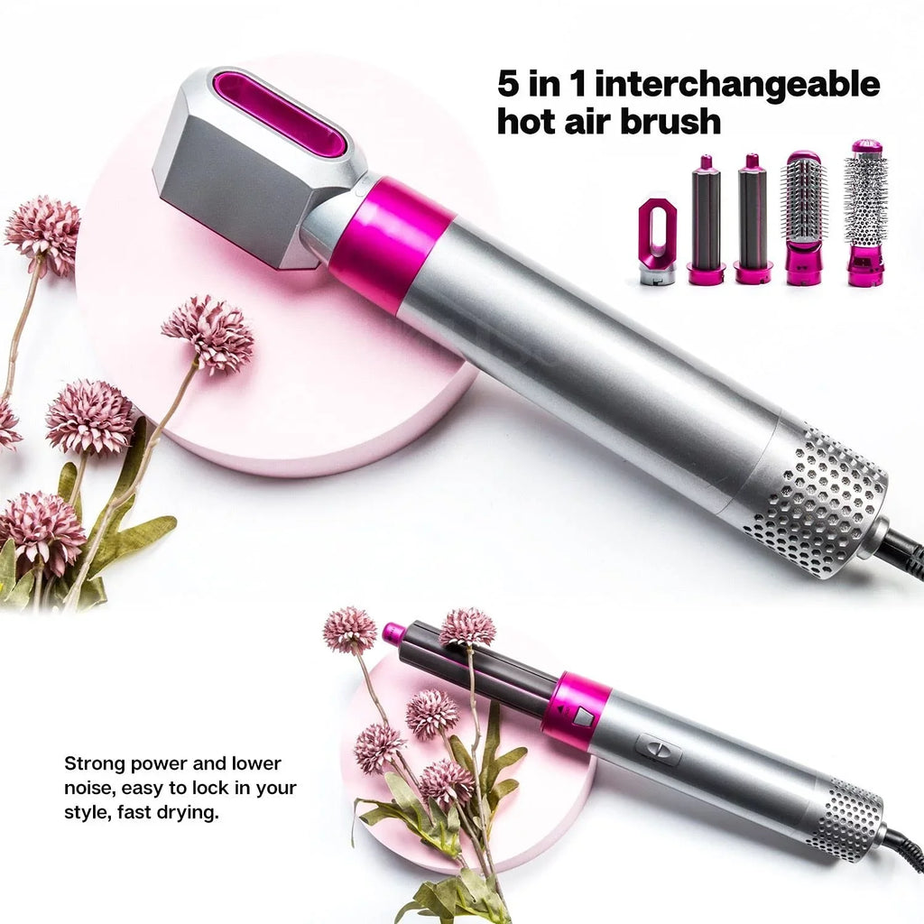5-in-1 Electric Hair Dryer Brush - Negative Ionic Hair Styler with Detachable Brush Heads - Blow Dryer Brush for Straightening and Automatic Curling Styling, Color: GreyRed