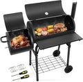 Outdoor BBQ Grill, Barrel Charcoal Grill with Offset Smoker, Camping Barbecue Grill for Patio Backyard Garden Party Picnic, Large 420.SQ.IN Cooking Area, 2 Screwdrivers & 6 Hooks - Black - Exclusive Design