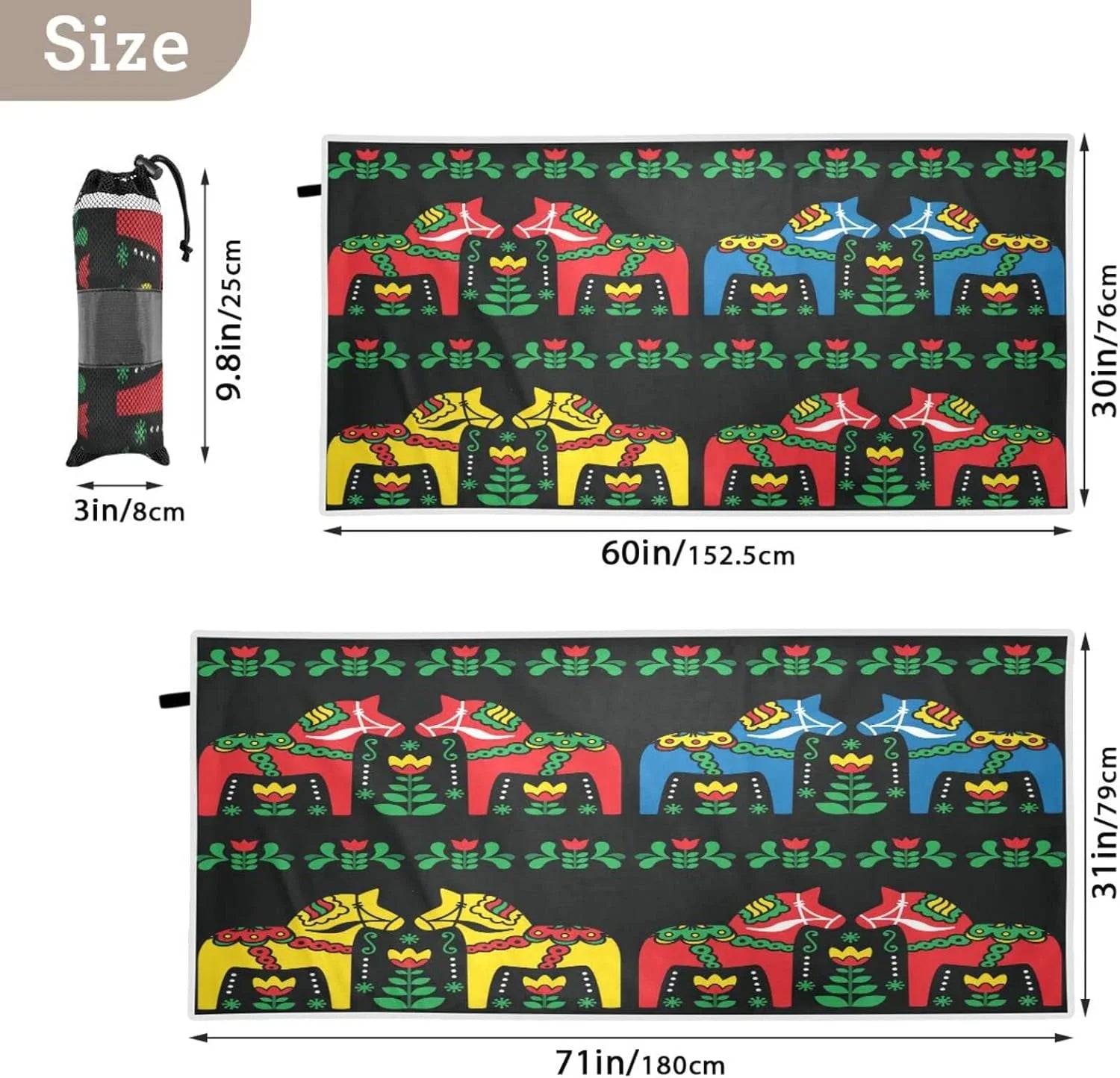 Bestwell Swedish Dala Horse Beach Towel - Lampweight Compact Oversized Travel Towels - Super Absorbent Quick Dry Towel for Swimming Camping Holidayï¼350ï¼