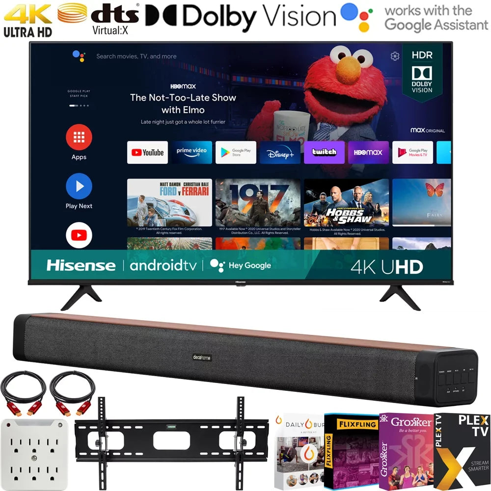 Stylish Hisense 65A6G 65 Inch A6G Series 4K UHD Smart TV with Dolby Vision HDR (2021) Bundle with Deco Home 60W 2.0 Ch Soundbar + 37"-70" TV Wall Mount + Premiere Movies Streaming + 6-Outlet Surge Adapter
