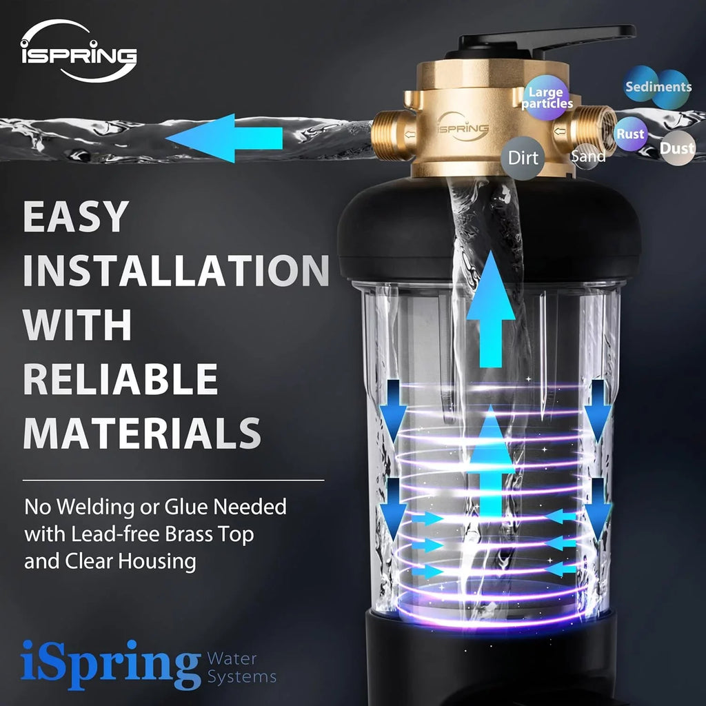 iSpring WSP100ARJ-BP Whole House Prefilter, Spin-Down Sediment Water Filter with Bypass, Upgraded Clear Housing, Jumbo Size, Flushable and Reusable, Touch-Screen Auto Flushing, 4 Modes, 100 Microns