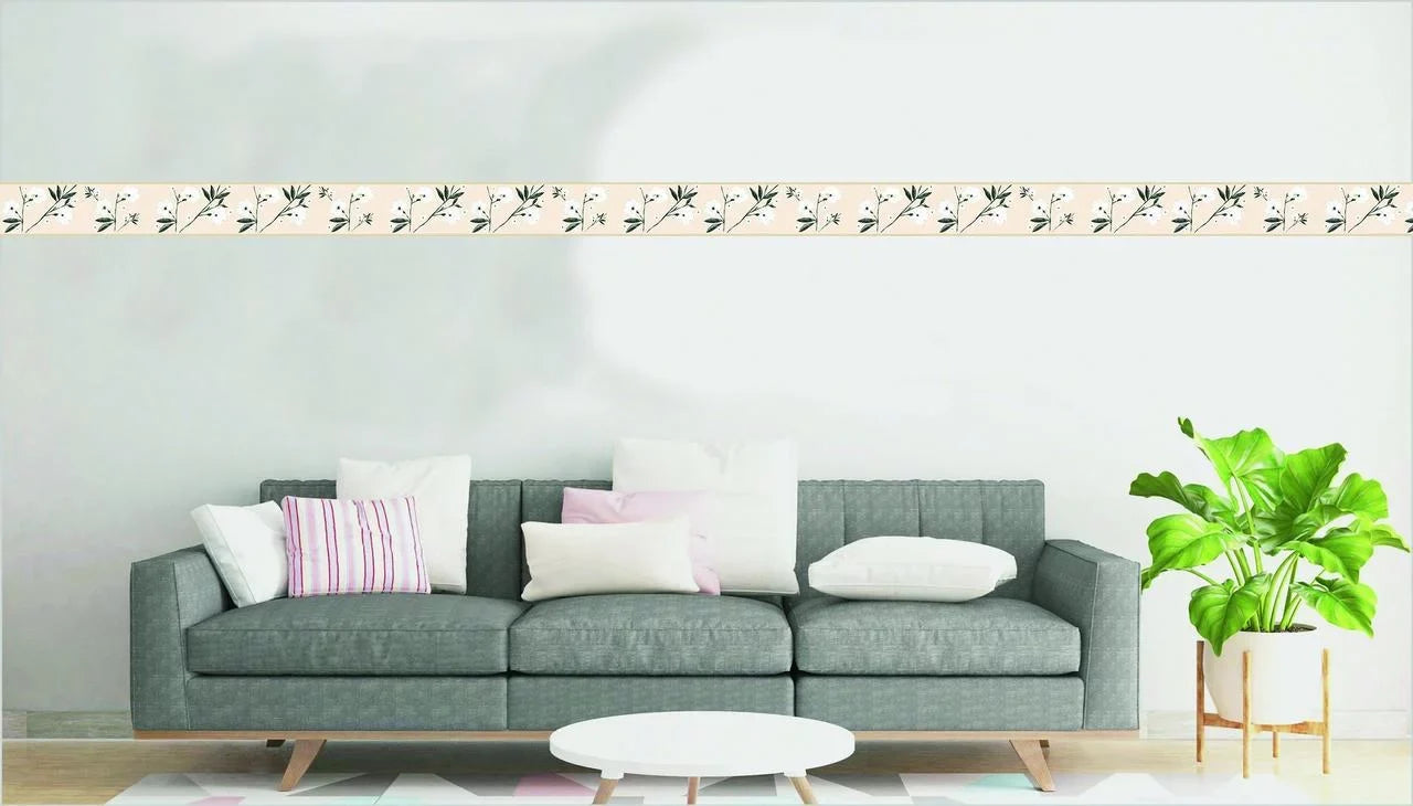 Dundee Deco's Peel and Stick Wallpaper Border - Floral White Cream Flowers and Leaves Wall Border Retro Design, 15 ft x 7 in, Self Adhesive - Exclusive Design