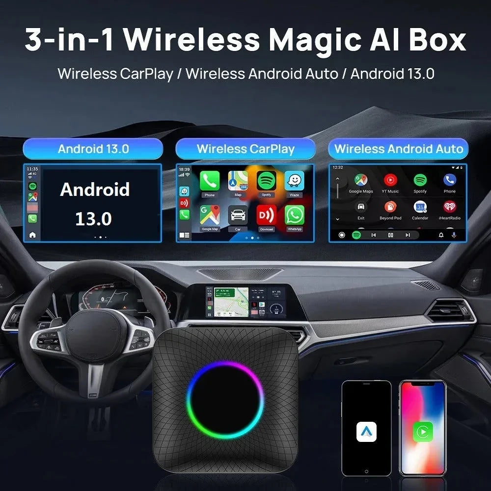 Stylish Carlinkit Ai Box Android 13 Led Wireless Android Auto & Apple CarPlay Smart Tv Box QCM6225 For Youtube Netflix Car Accessories