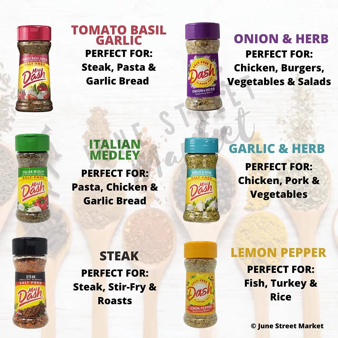 Mrs. Dash No Salt Seasonings Blend Variety New Starter Set - 12 Flavors (28.8 oz Total) with Blank June Street Market Recipe Card - Exclusive Design