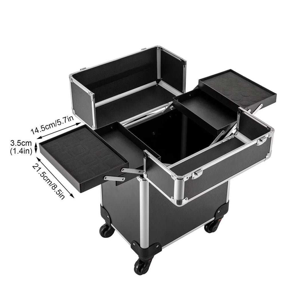 Stylish Rolling Lockable Makeup Train Case Hairdresser Trolley, Stylist Beauty Nail Salon Barber Case Cosmetic Luggage Travel Trunk Cart Organizer Tool Box with Swivel Wheels (Black)