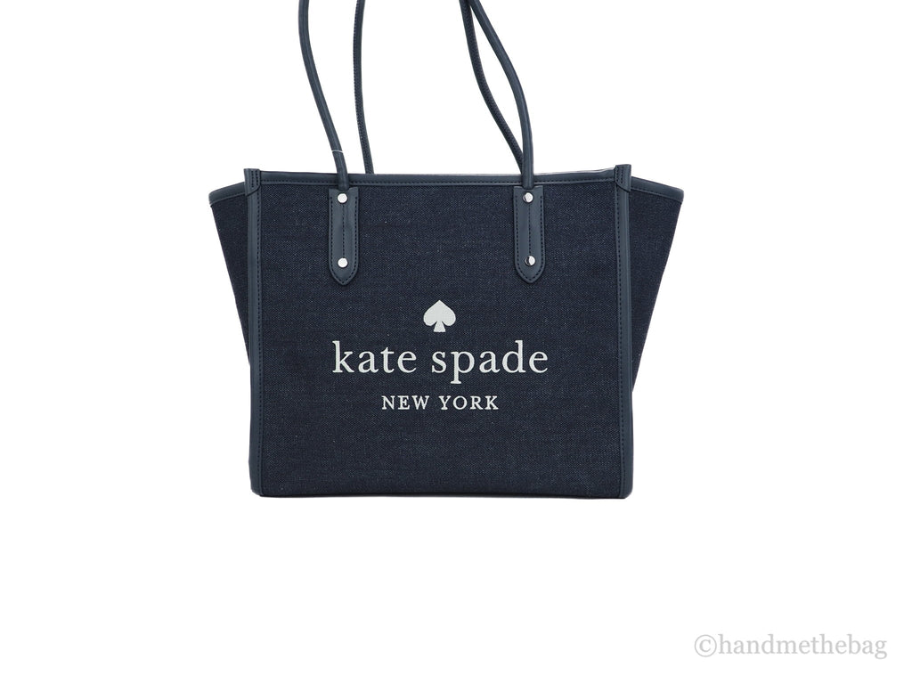 Stylish Kate Spade Ella Large Blue Multi Denim Fabric White Logo Shoulder Tote Handbag