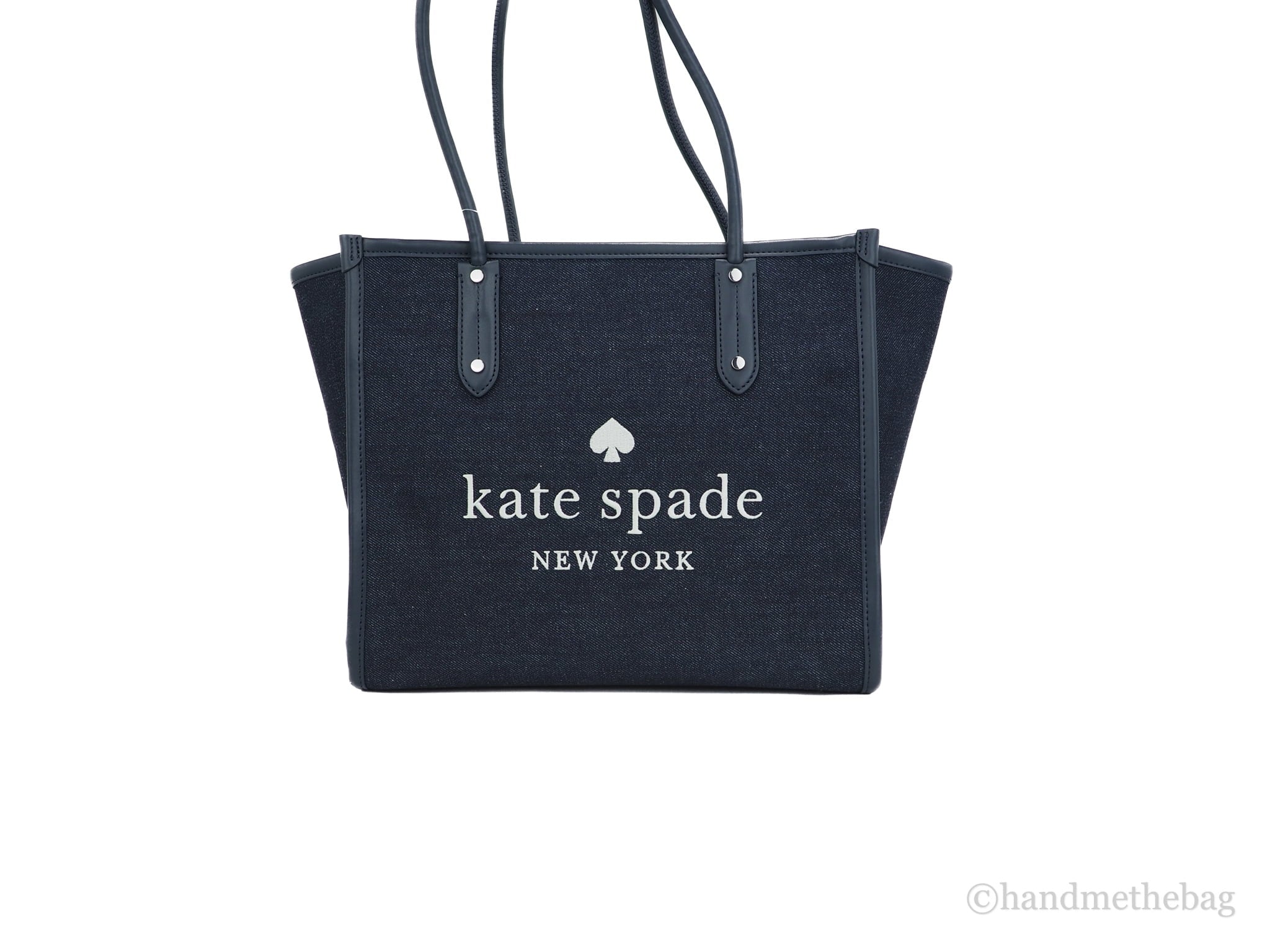 Stylish Kate Spade Ella Large Blue Multi Denim Fabric White Logo Shoulder Tote Handbag