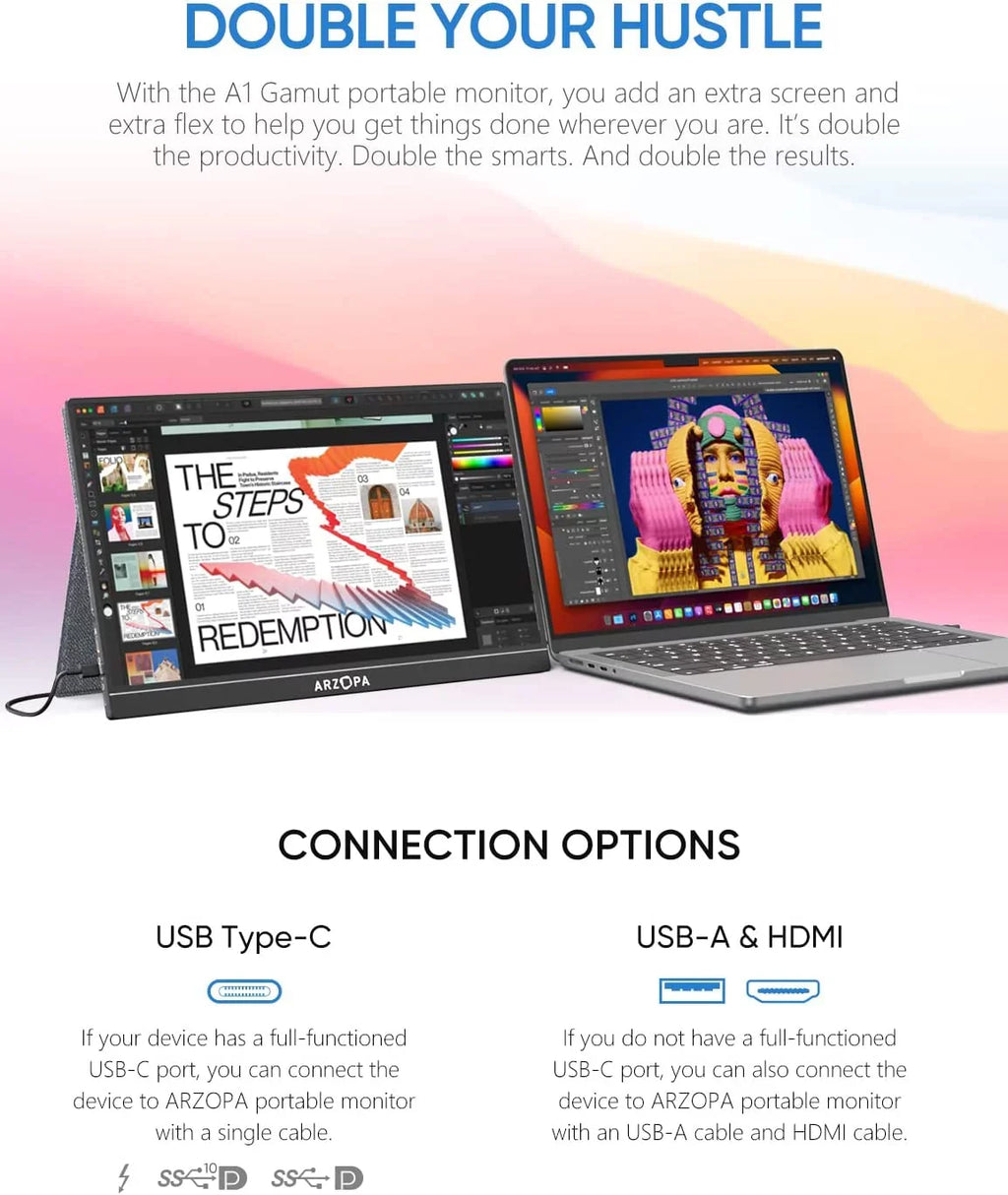 Arzopa Portable Monitor 15.6'' FHD 1080P Portable Laptop Monitor IPS Computer External Screen USB C HDMI Display - A1 GAMUT