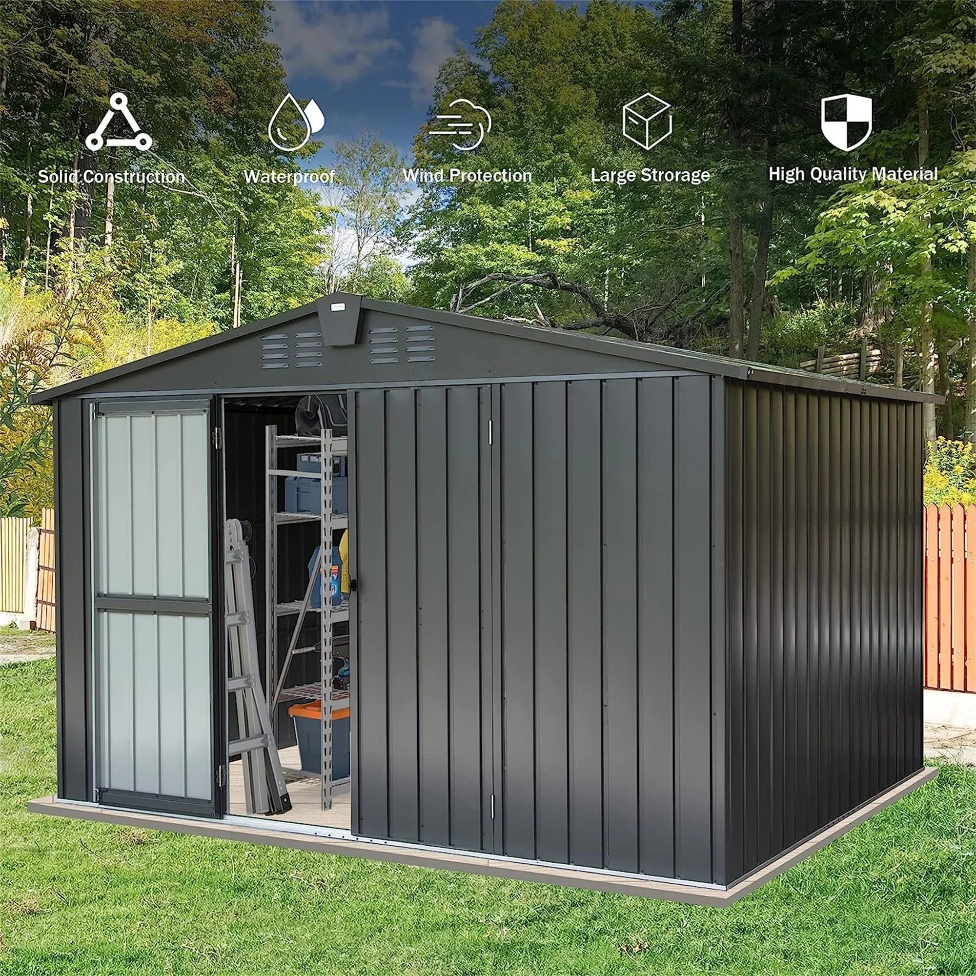 Stylish CoSoTower Outdoor Storage Shed 10'X 8', Metal Garden Shed for Bike, Trash Can, Tools, Galvanized Steel Outdoor Storage Cabinet with Lockable Door for Backyard, Patio, Lawn (10X8ft, Black)