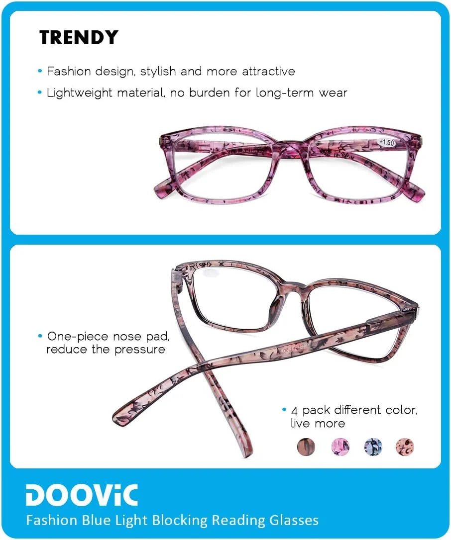DOOViC 4 Pack Computer Reading Glasses Blue Light Blocking Anti Eyestrain Spring Hinge Stylish Readers for Women 2.25 Strength