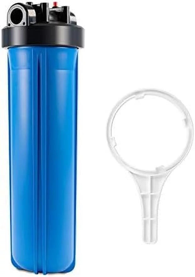 whole house water filter housing, universal 20-inch housing 4.5â x 20â, 1-inch npt inlet outlet, heavy duty standard size replacement includes wrench, pressure release button