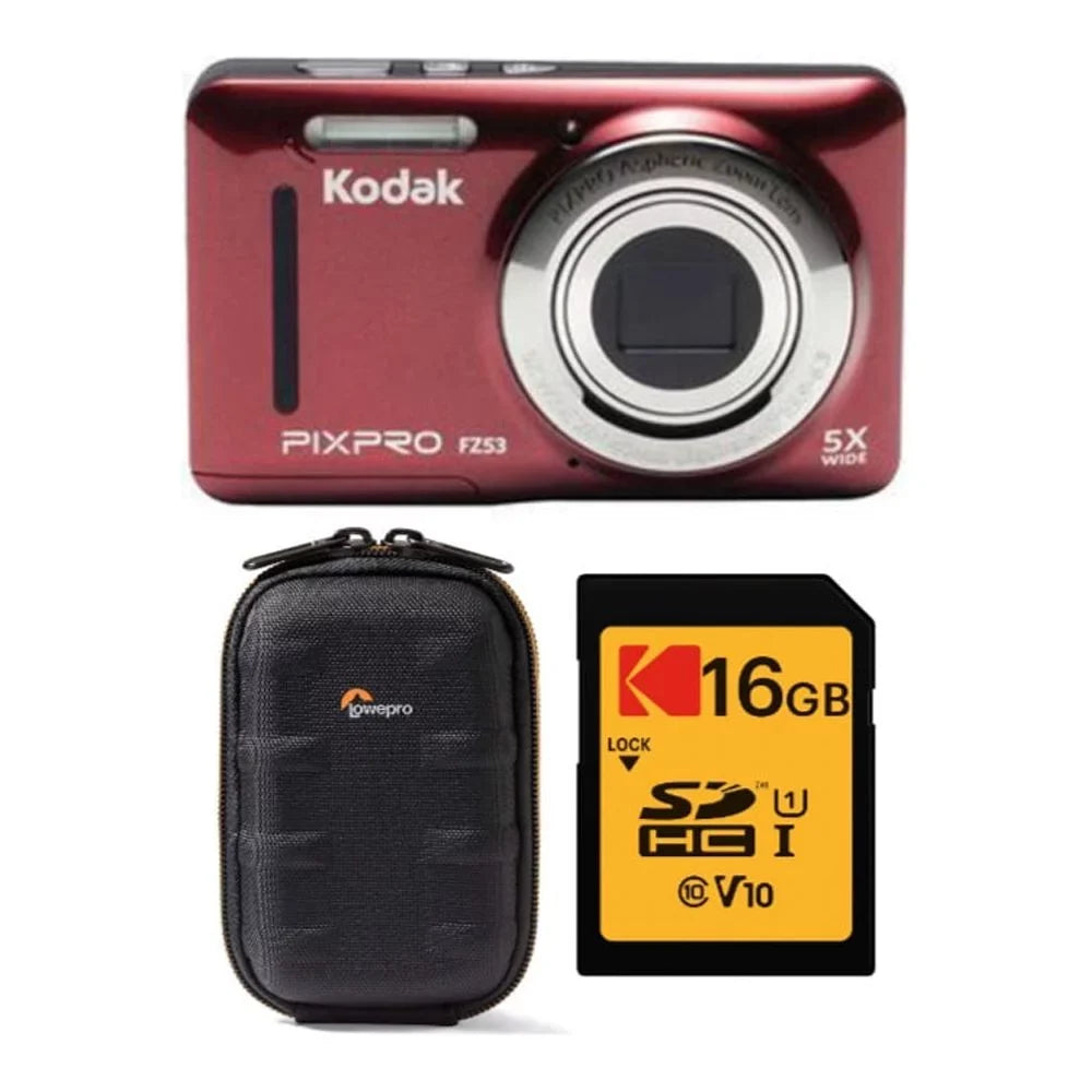 Stylish Kodak PIXPRO Friendly Zoom FZ53 Digital Camera (Red) with Case and Memory Card