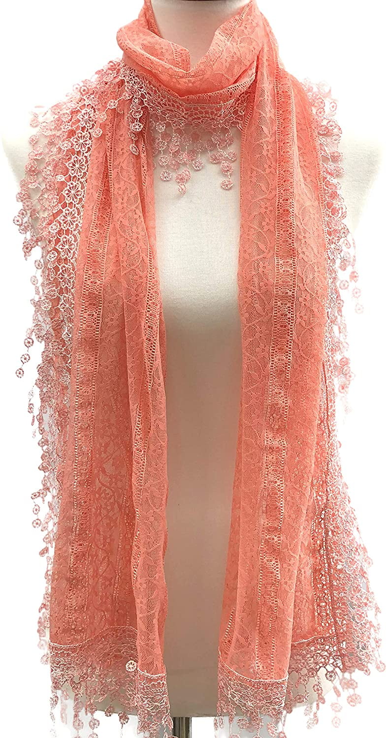 Cindy and Wendy Lightweight Soft Leaf Lace Fringes Scarf shawl for Women Peach Pink - Exclusive Design