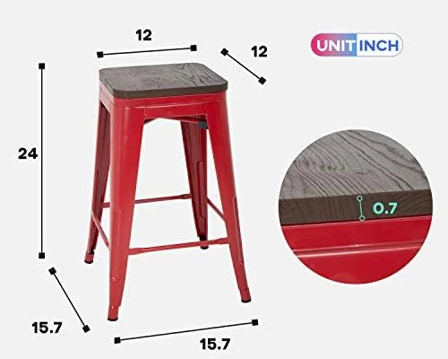 NLTBONNIE 24 Inches Metal Stools Set of 4 Counter Height Wood Seat Barstool Patio Stool Stackable Backless Stool Indoor Outdoor Metal Kitchen Stools Chairs (Red) - Exclusive Design