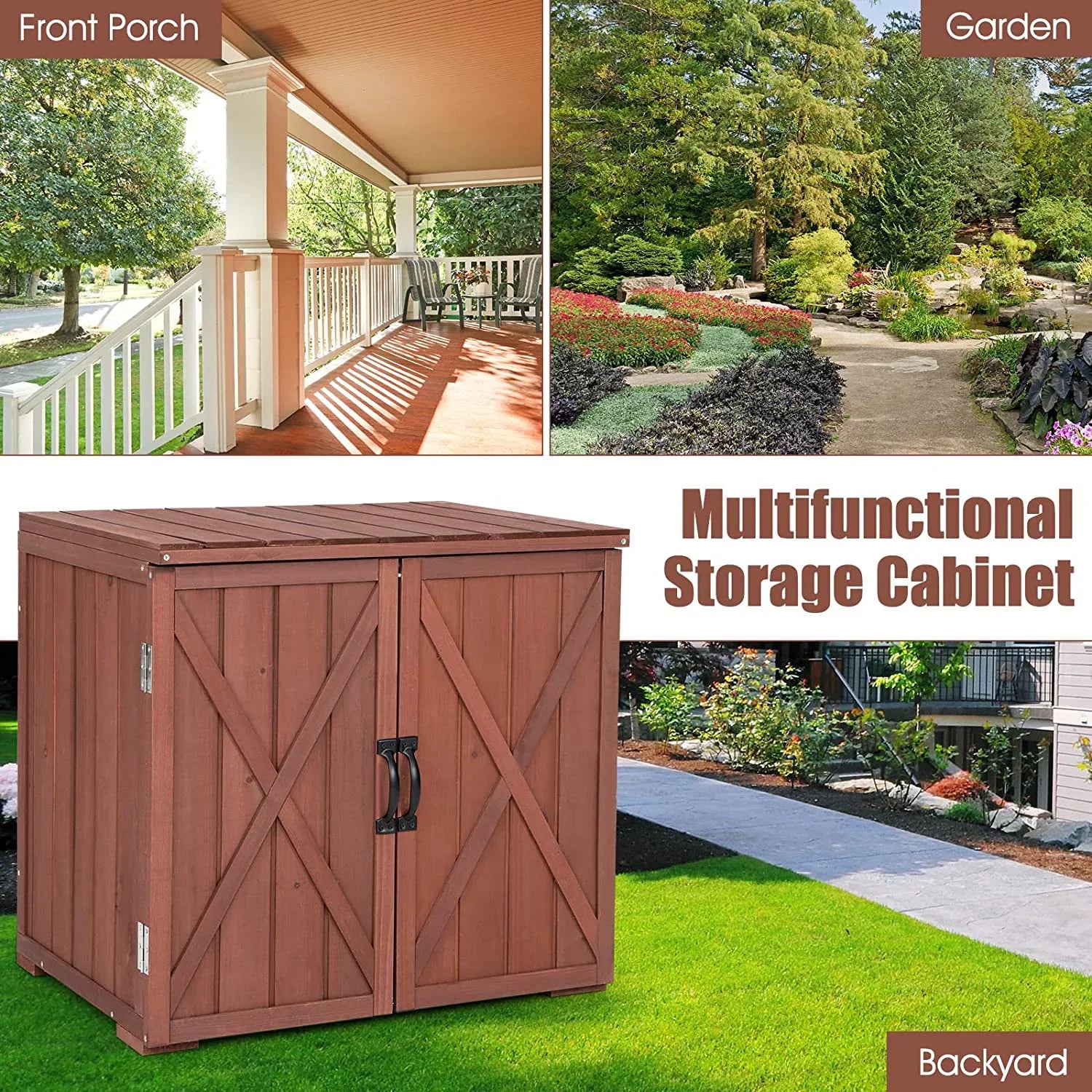 30" Outdoor Storage Box, Wooden Storage Deck Box W/Spacious Inner Space & Countertop, Tool Storage Cabinet for Backyard Garden Porch, Easy Assembly, 30" x 22" x 28.5" (Brown) - Exclusive Design