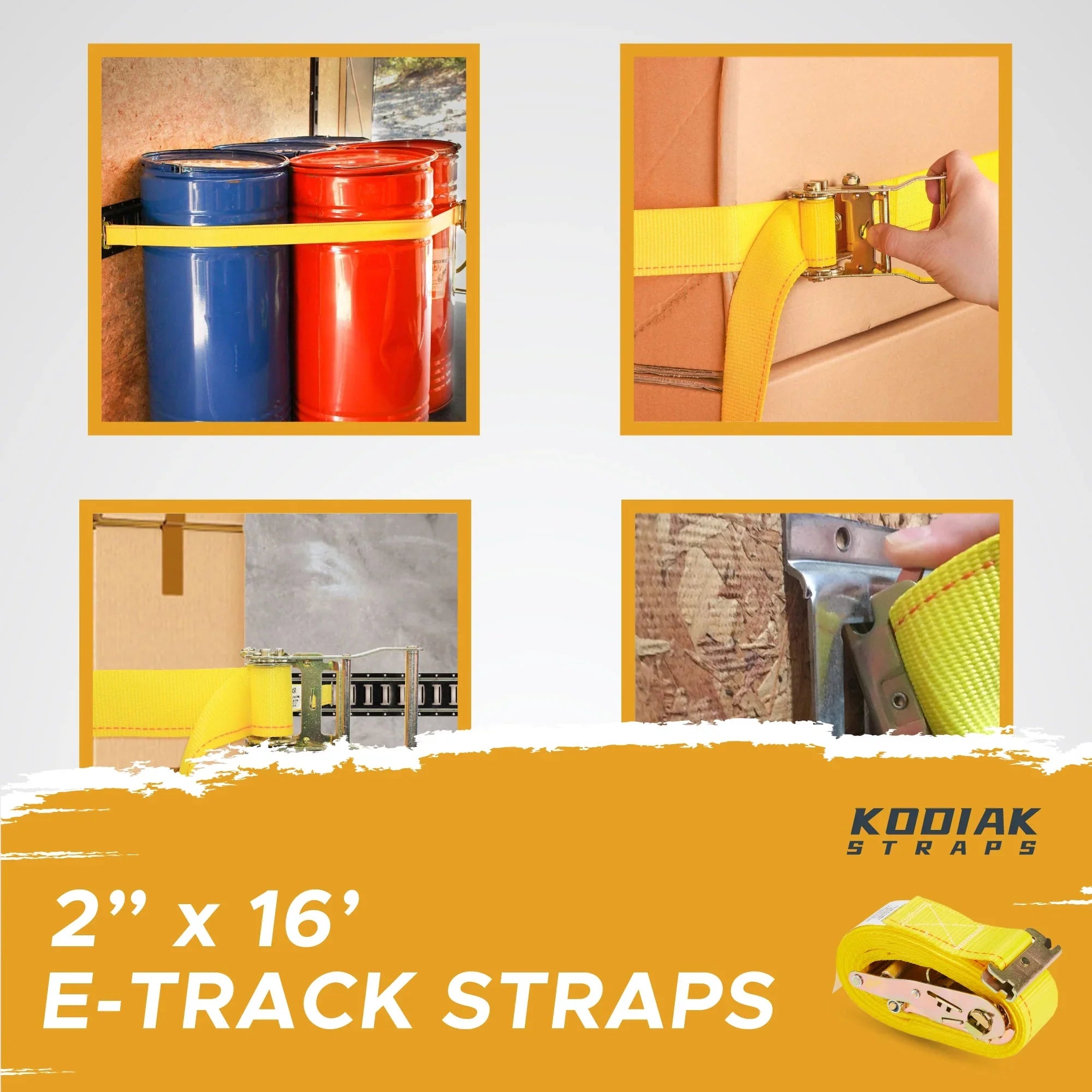 Stylish KODIAK STRAPS E Track Straps 2" x 16' Logistic Cargo Ratchet Straps, Trailer E Track Accessories, etrack Straps for Enclosed Trailer & Van (6 Pack)